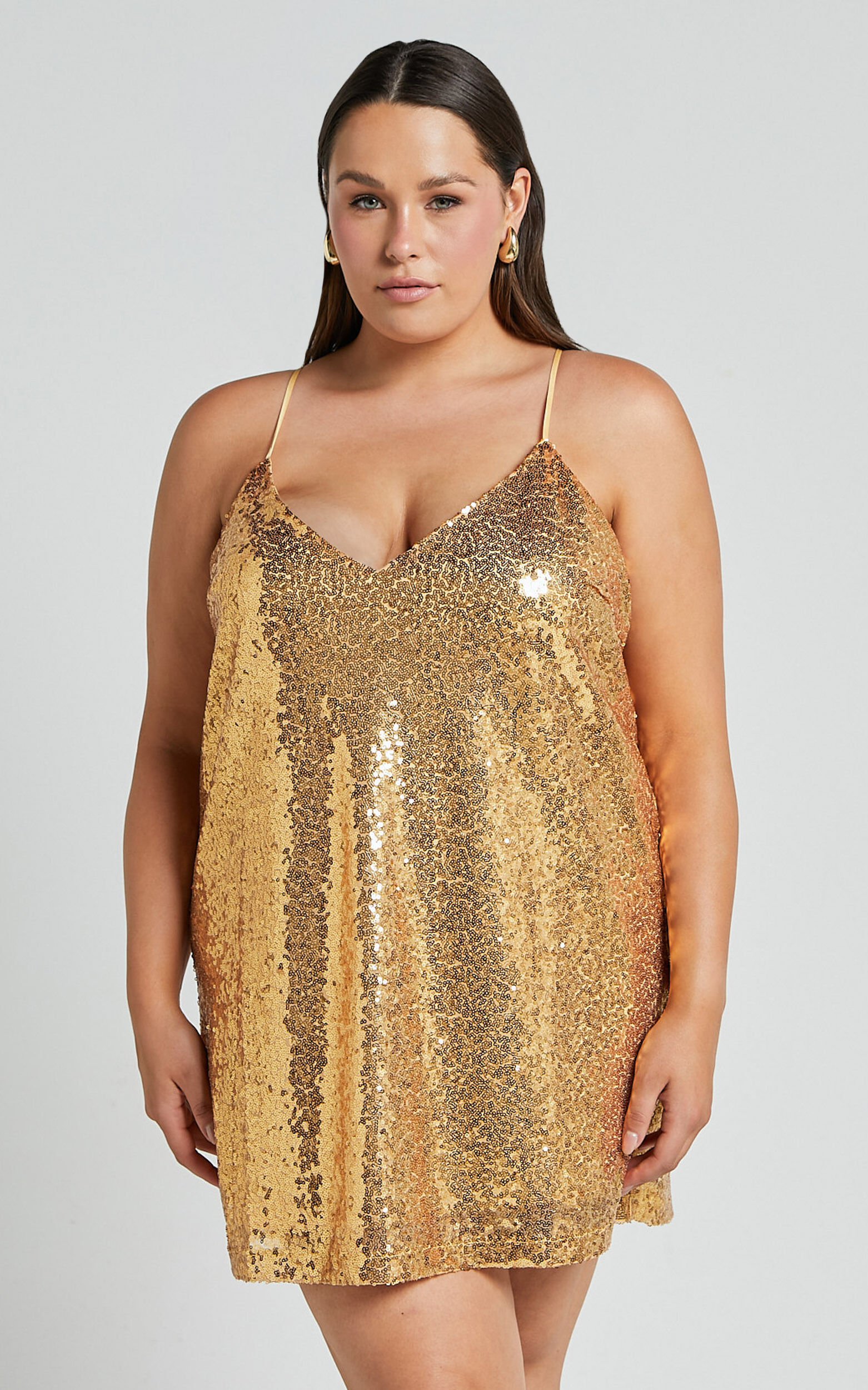 Delilaah Mini Dress - Strappy V Neck Slip Sequin Dress in Gold Sequins