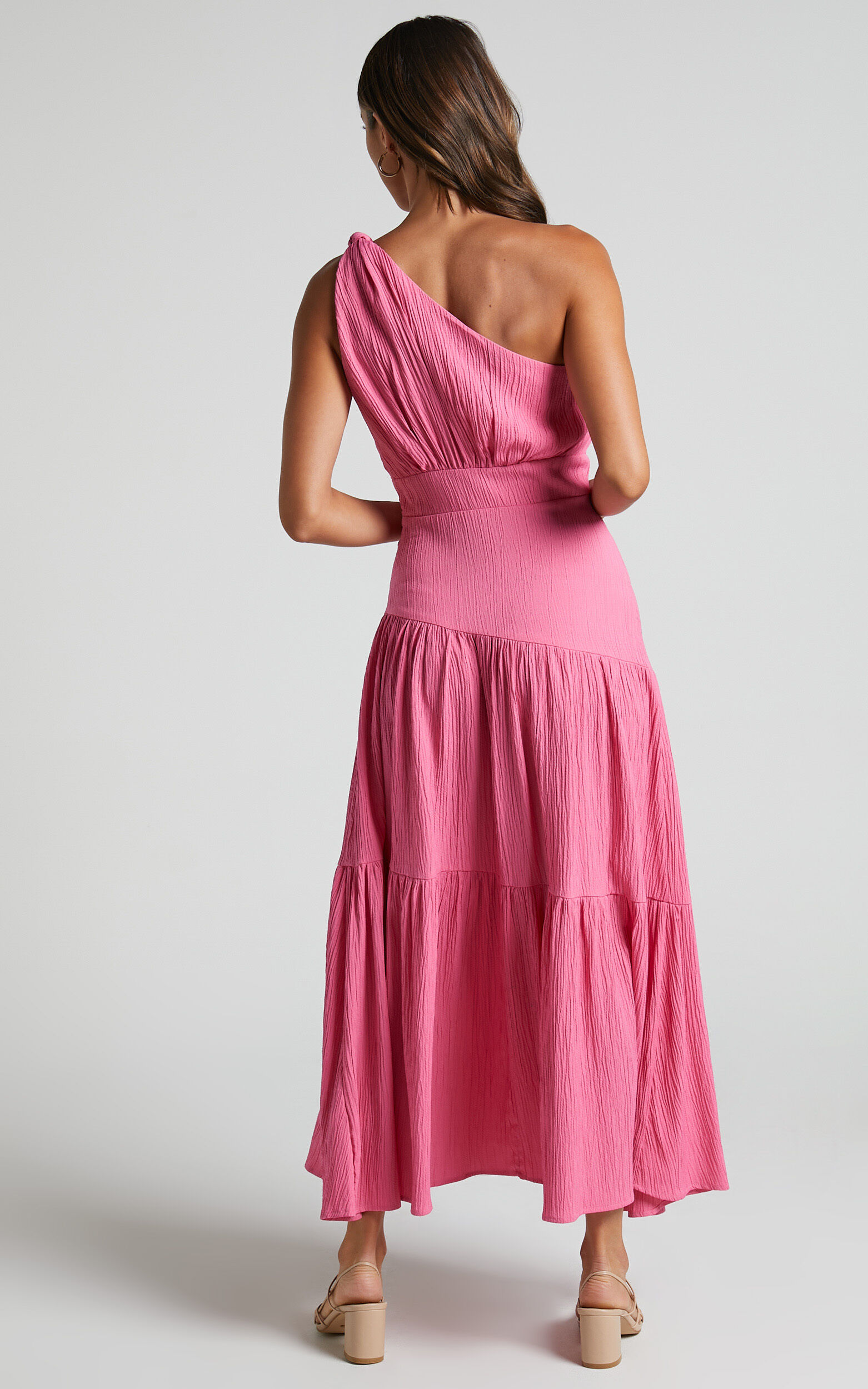 Celestia Midi Dress - Tiered One Shoulder Dress in Bright Pink