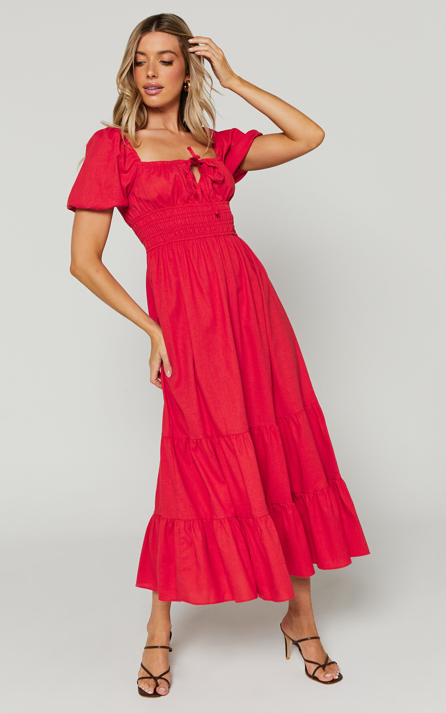 Claritza Midi Dress - Linen Look Short Puff Sleeve Square Neck Tiered Dress in Red