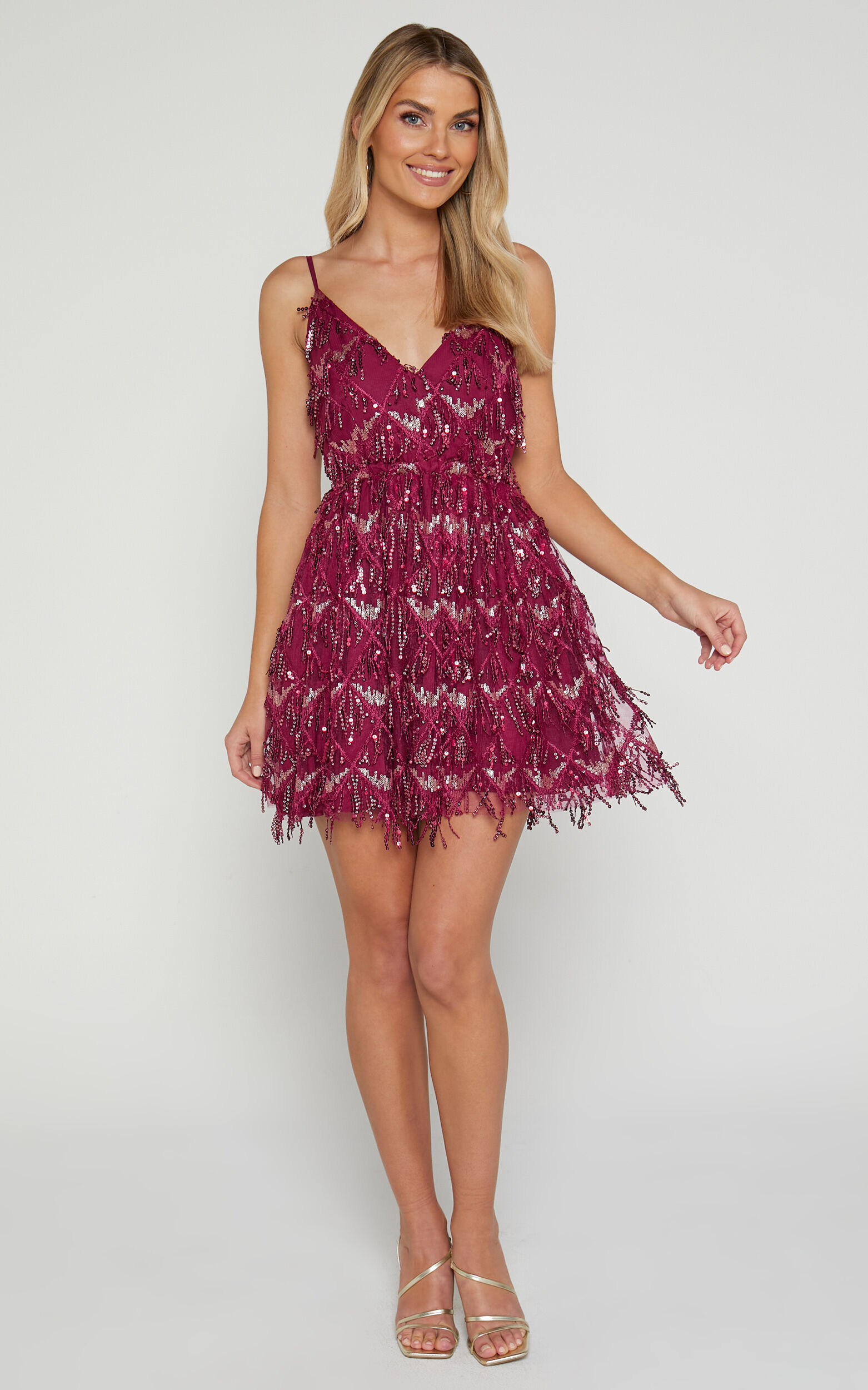 Khrizza Mini Dress - Sequin Gathered Dress in Wine