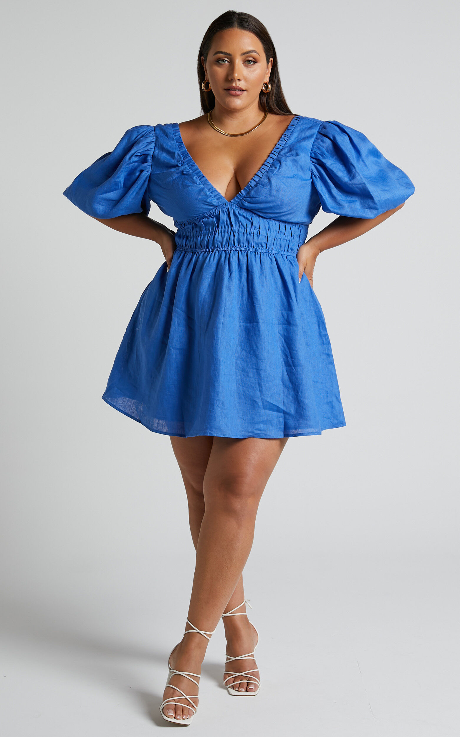 Amalie The Label - Khaila Linen Plunge Puff Sleeve Mini Linen Dress in Blue
