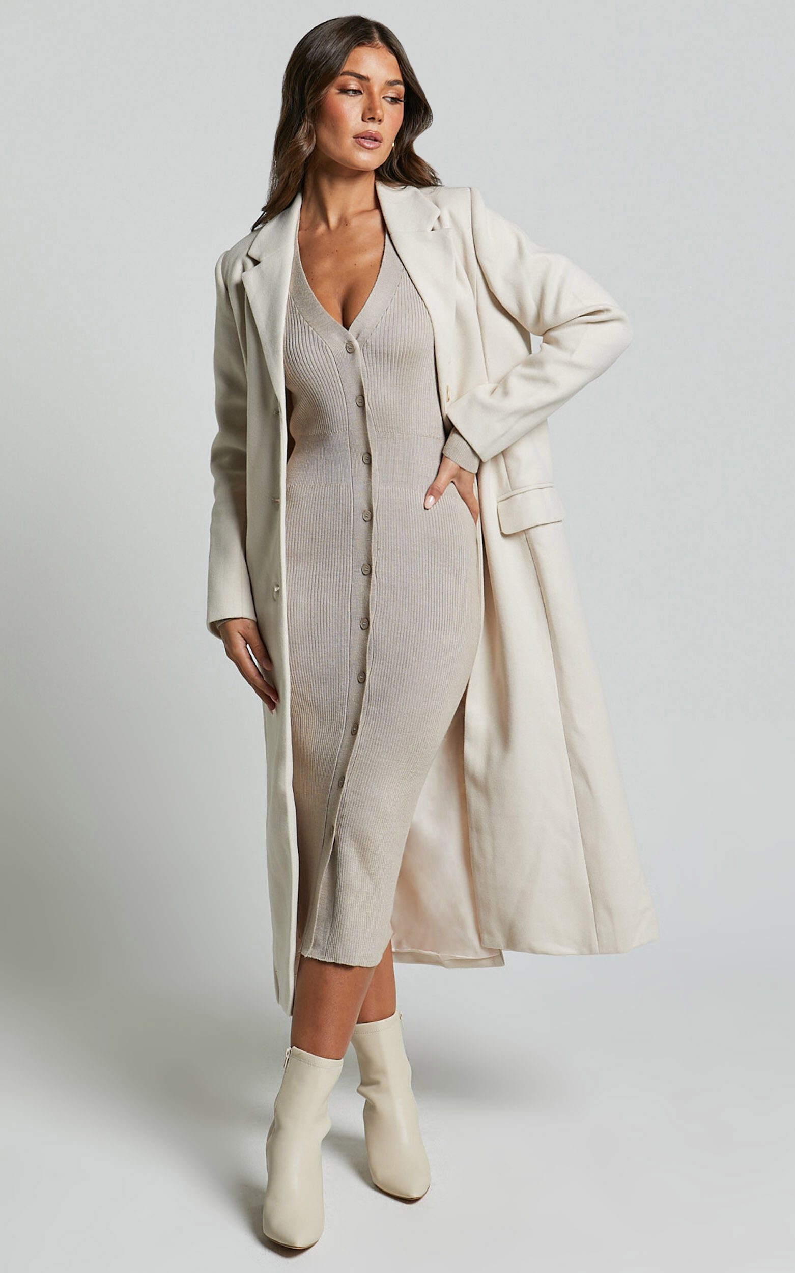 Leahanna Midi Dress - Button Front Knit Dress in Taupe