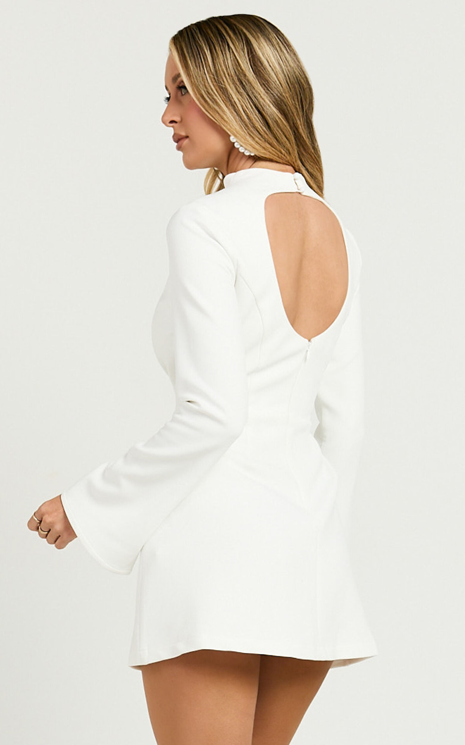 Carlson Mini Dress - High Neck Sleeve Cocoon Skirt Dress in White