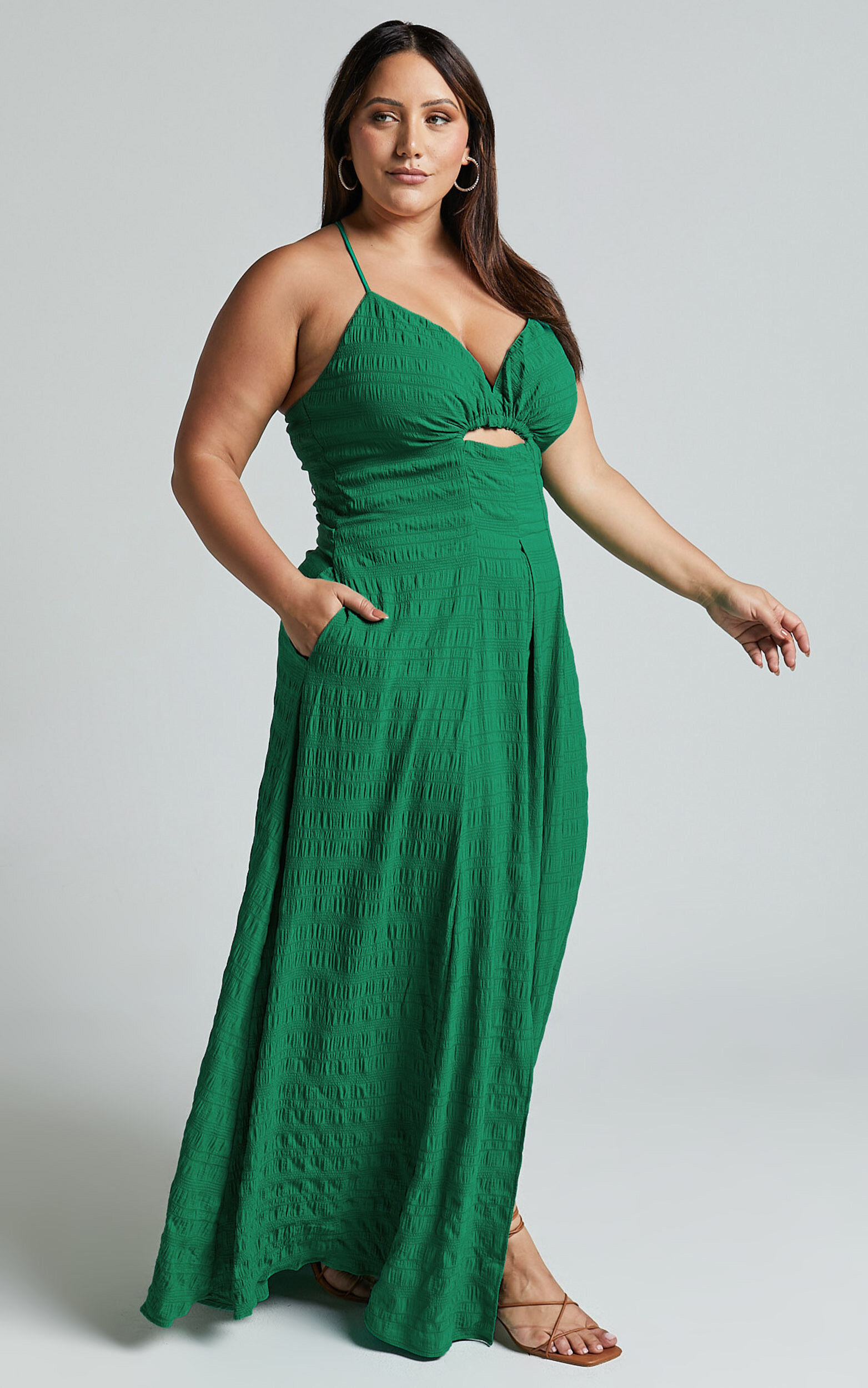 Marisse Maxi Dress - Cut Out Front Split Cross Back Textured Dress in Green