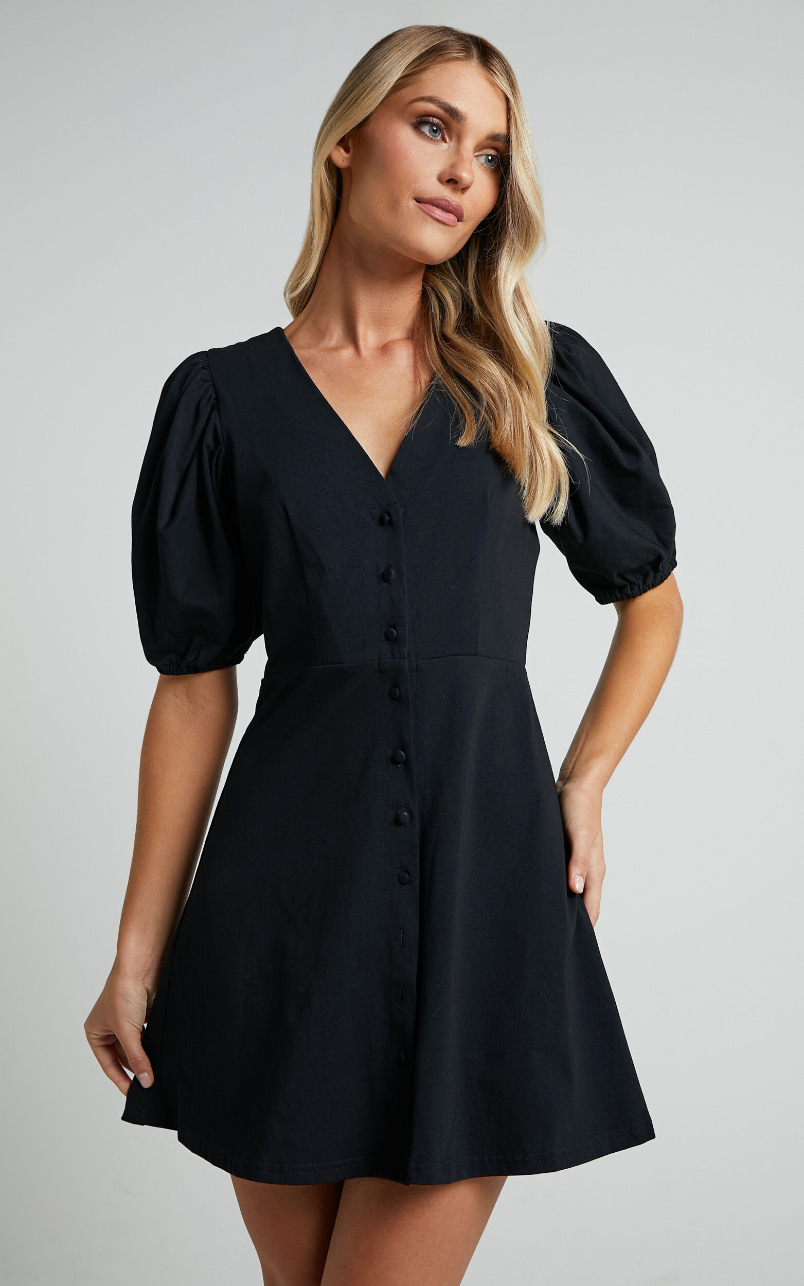 Rochelle Mini Dress - V Neck Button Through Dress in Black