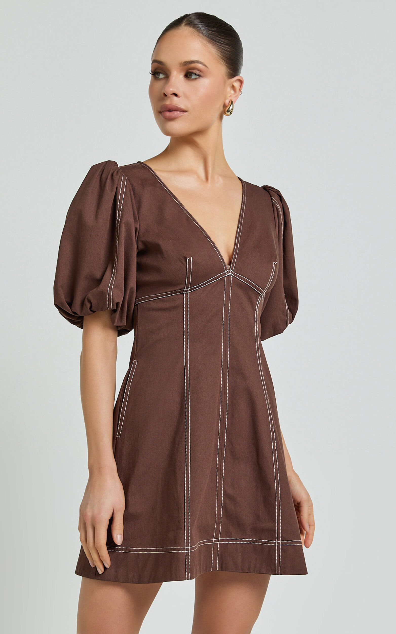 Tallie Mini Dress - Linen Puff Sleeve A Line Dress in Chocolate