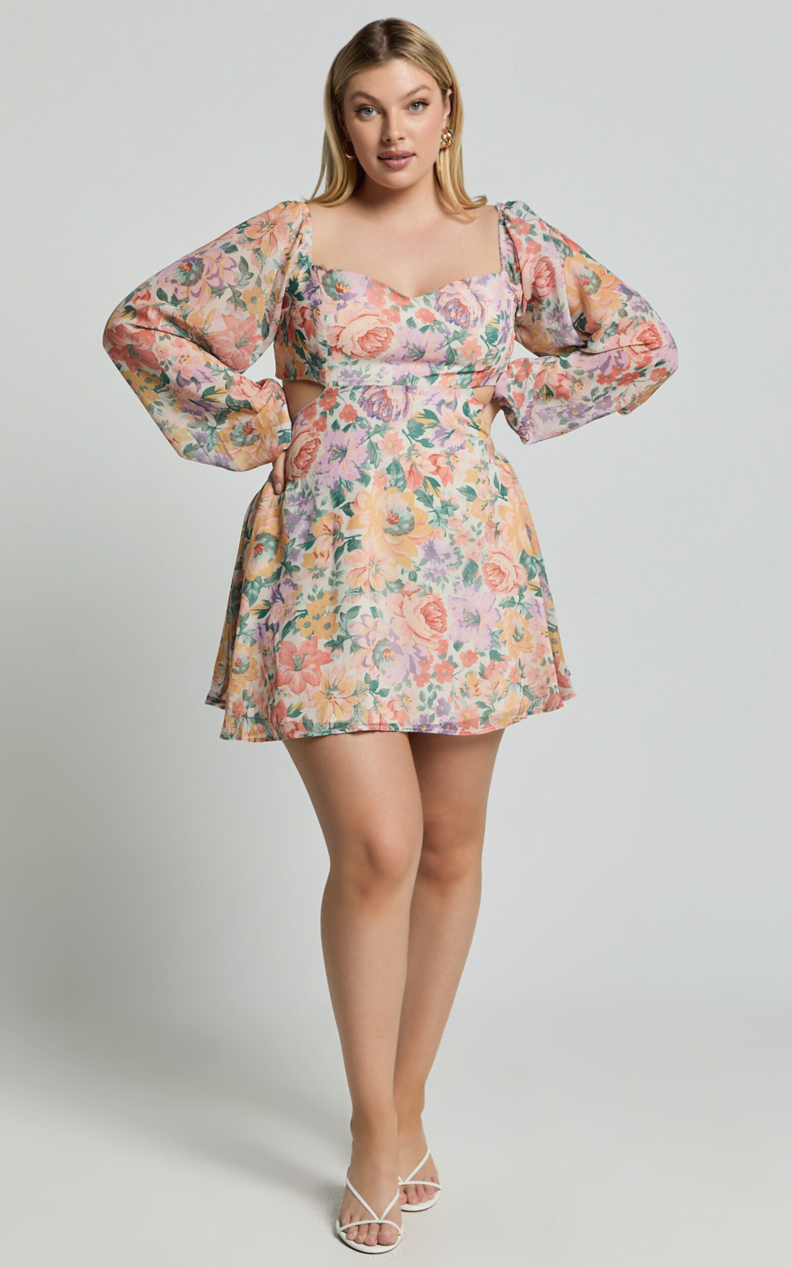 Ebonee Mini Dress - Puff Sleeve Cut Out Dress in Flower Crown