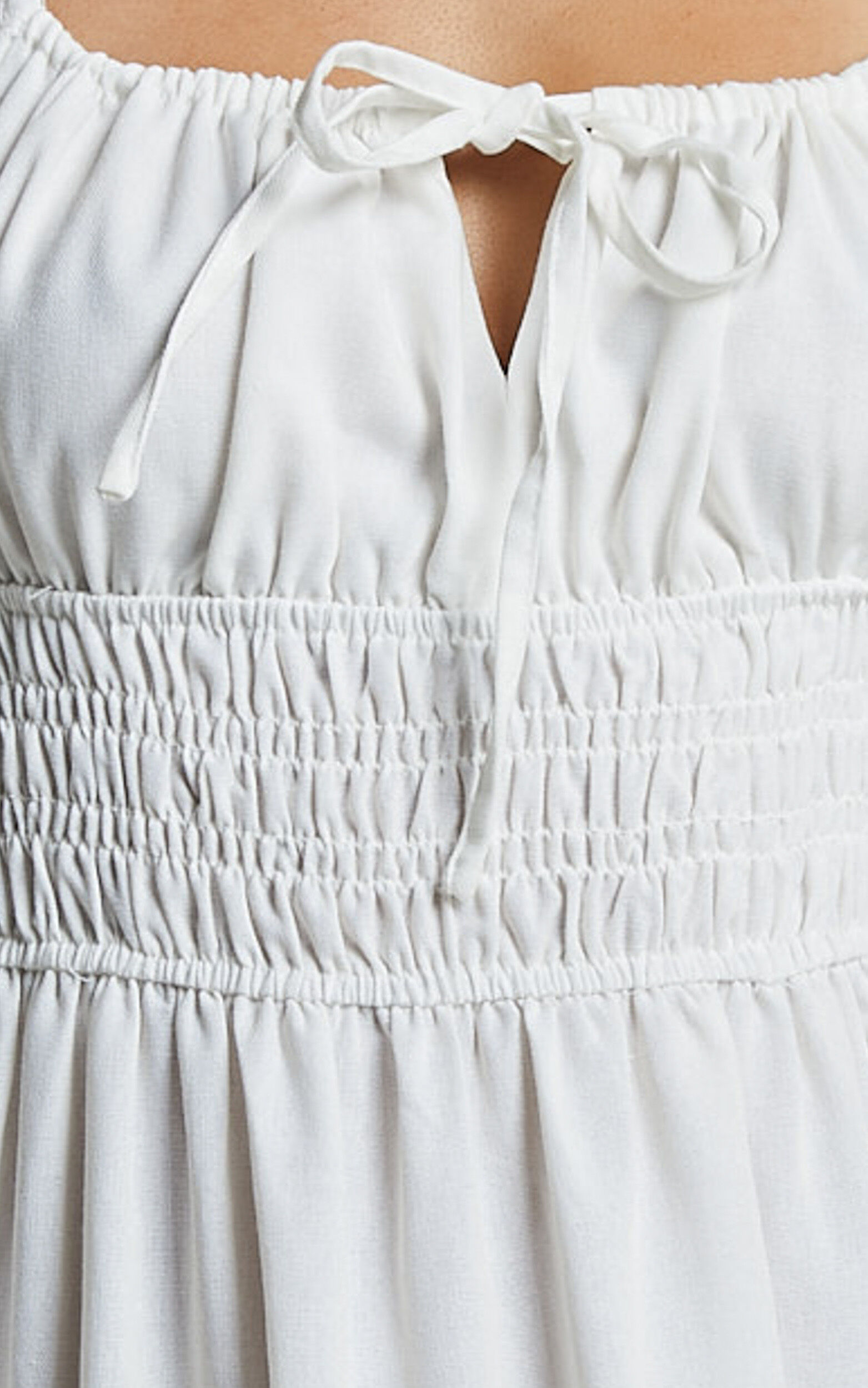 Claritza Midi Dress - Linen Look Short Puff Sleeve Square Neck Tiered Dress in White