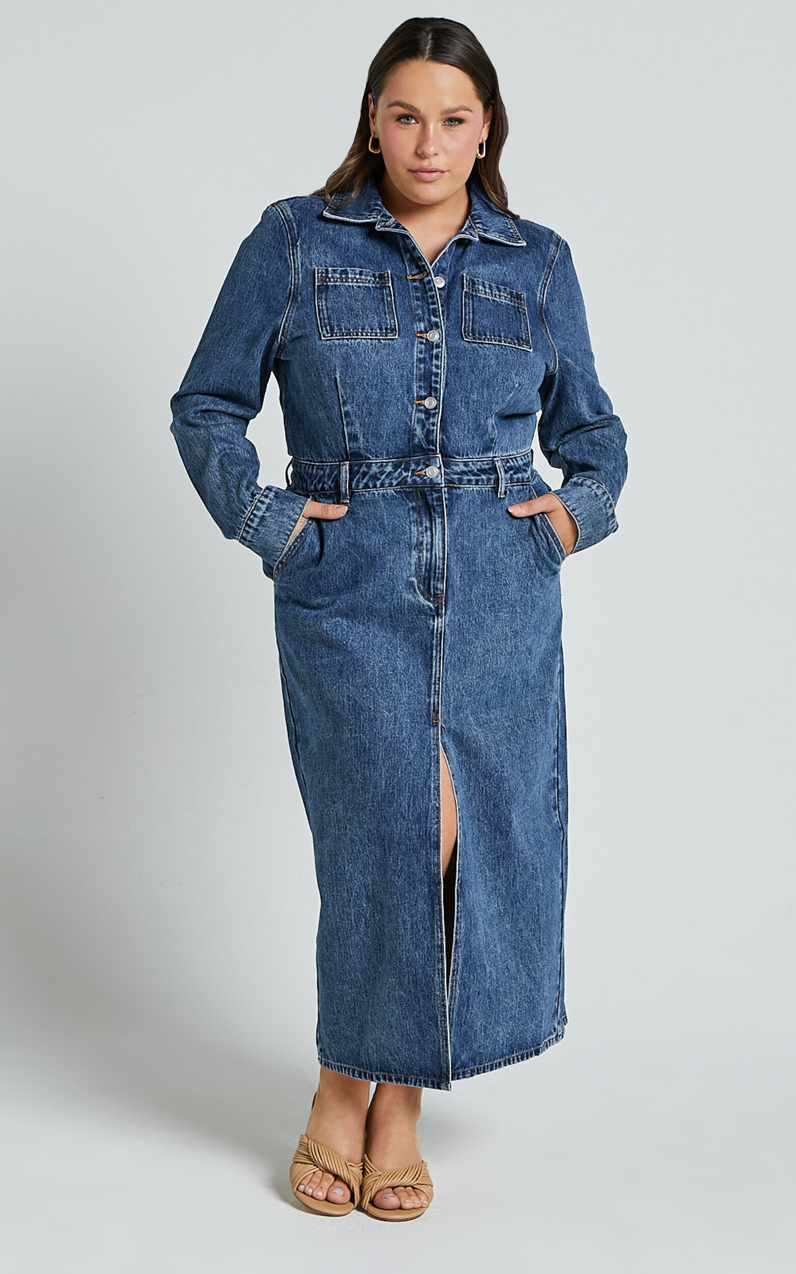 Alison Midi Dress - Long Sleeve Front Split Denim Dress in Mid Blue Wash