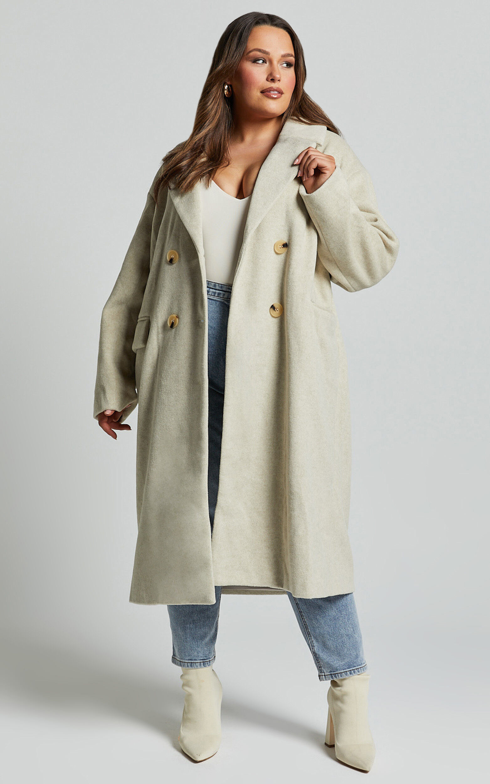 Libee Coat - Double Breasted Longline Coat in Oatmeal