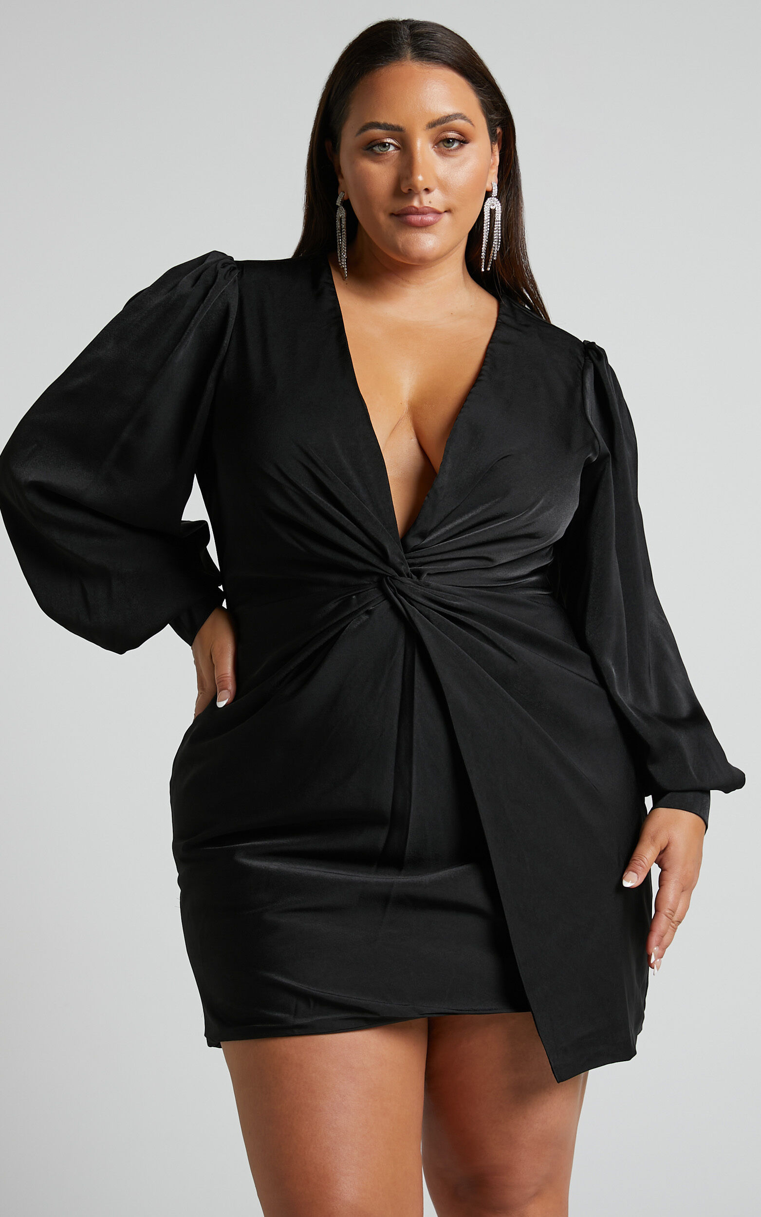 Billie Mini Dress - Twist Front Long Puff Sleeves Dress in Black