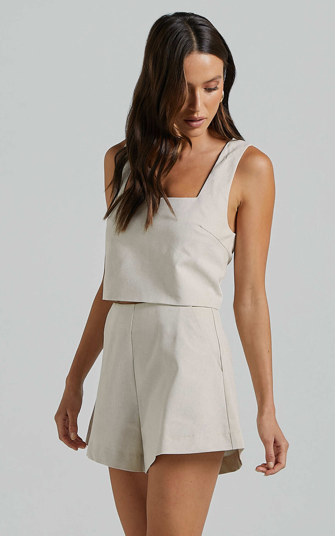 Salvador Two Piece Set - Linen Sleeveless Crop Top and High Waisted Tailored Shorts in Oatmeal