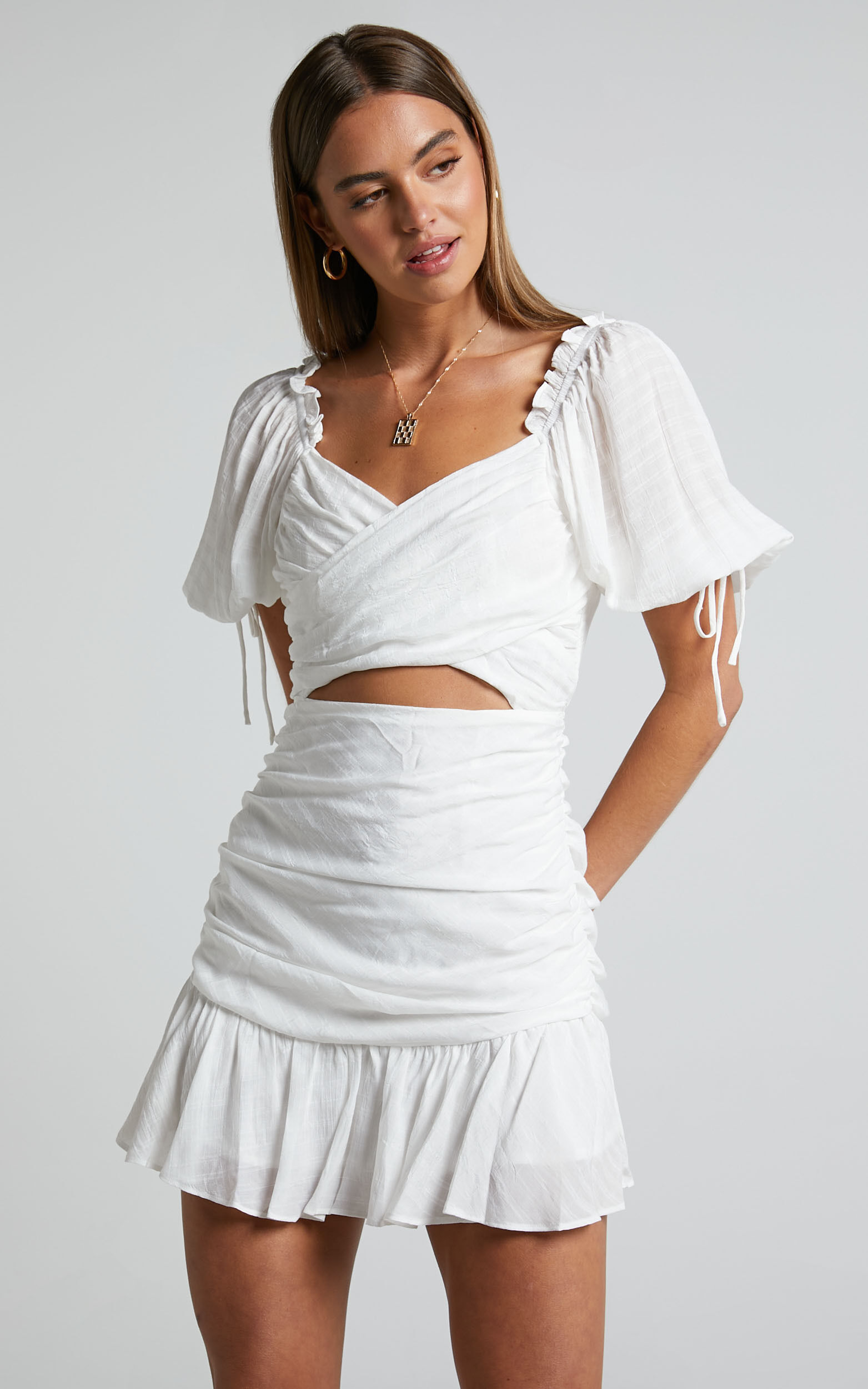 Emileen Mini Dress - Cross Front Cut Out Puff Sleeve Dress in White