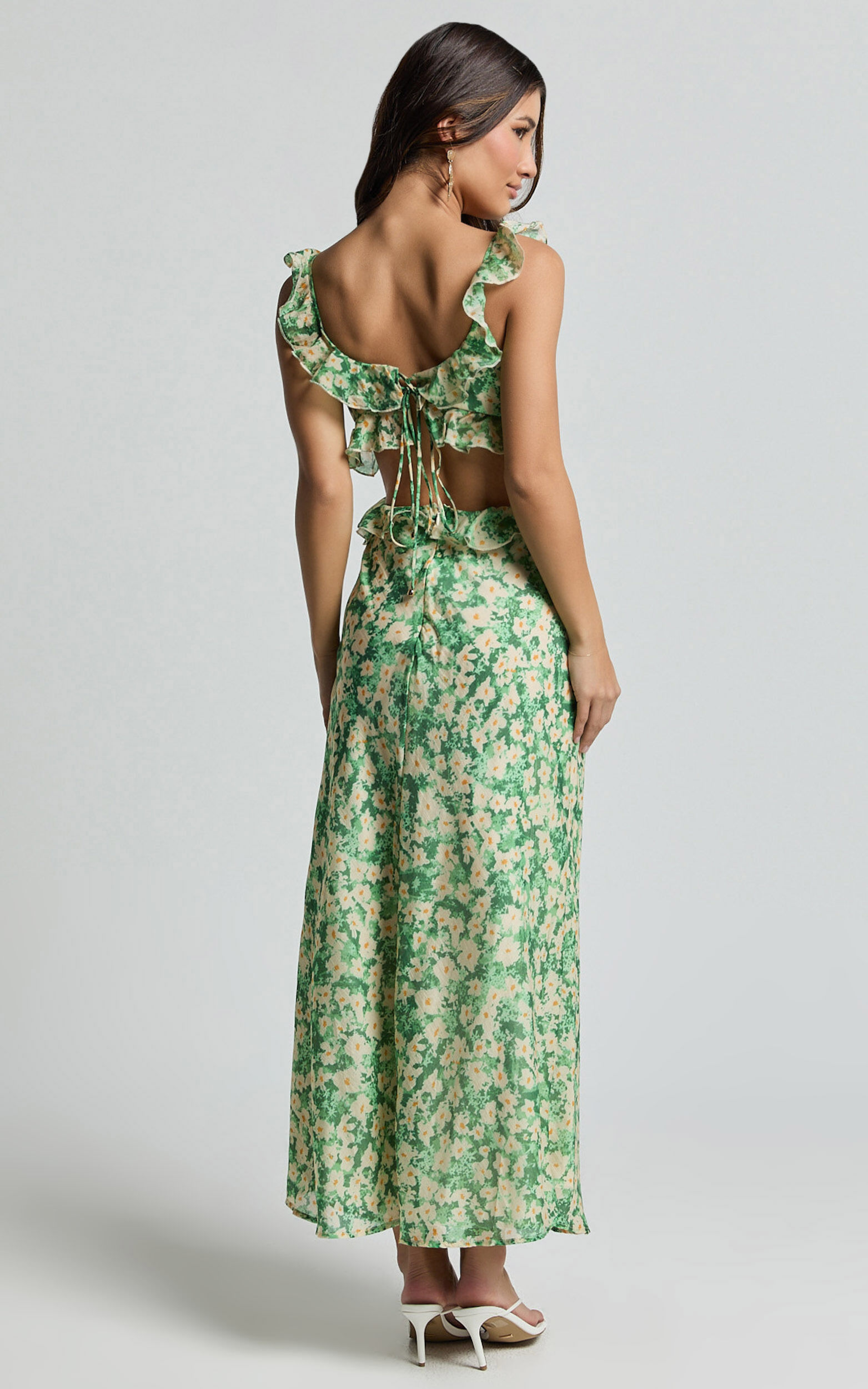 Dahlia Midi Dress - Ruffle Details Slip Dress in Green Floral