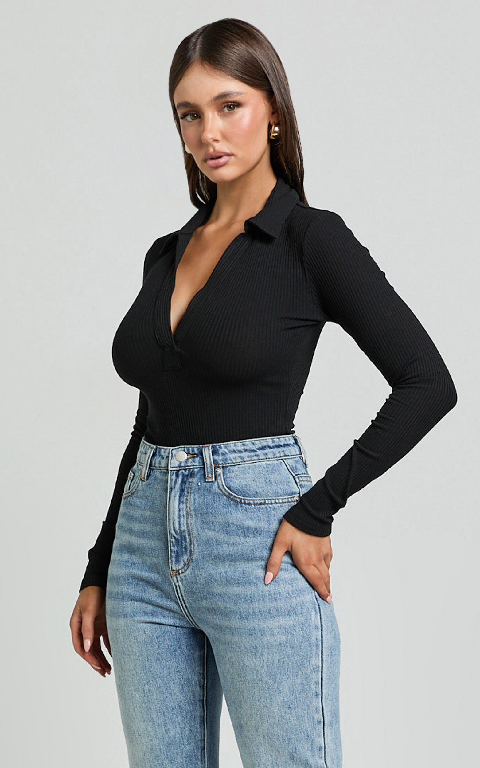 Amira Top - V Neck Long Sleeve Collared Bodysuit in Black