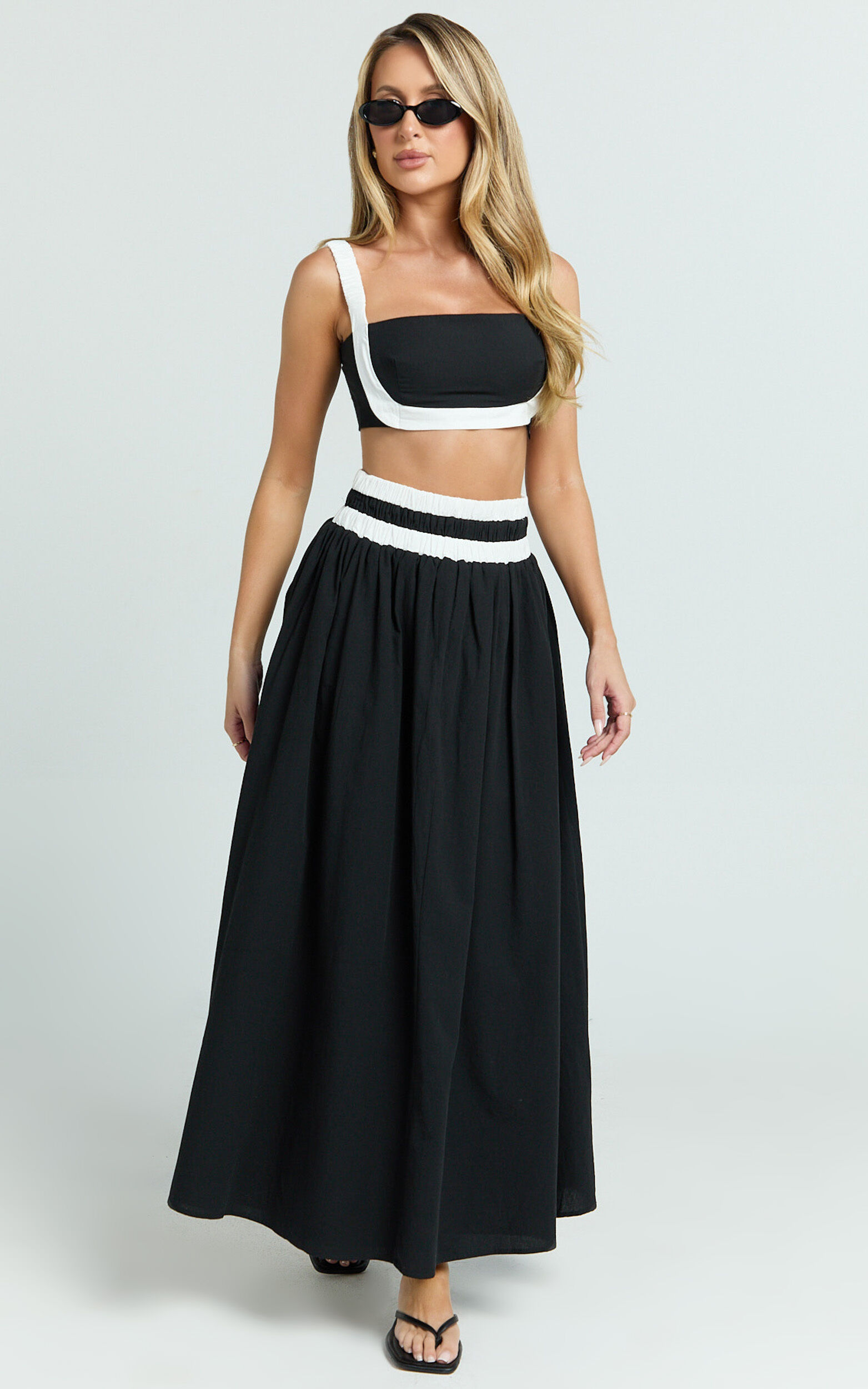 Sapphire Two Piece Set - Contrast Band Crop Top and A Line Maxi Skirt in Reverse