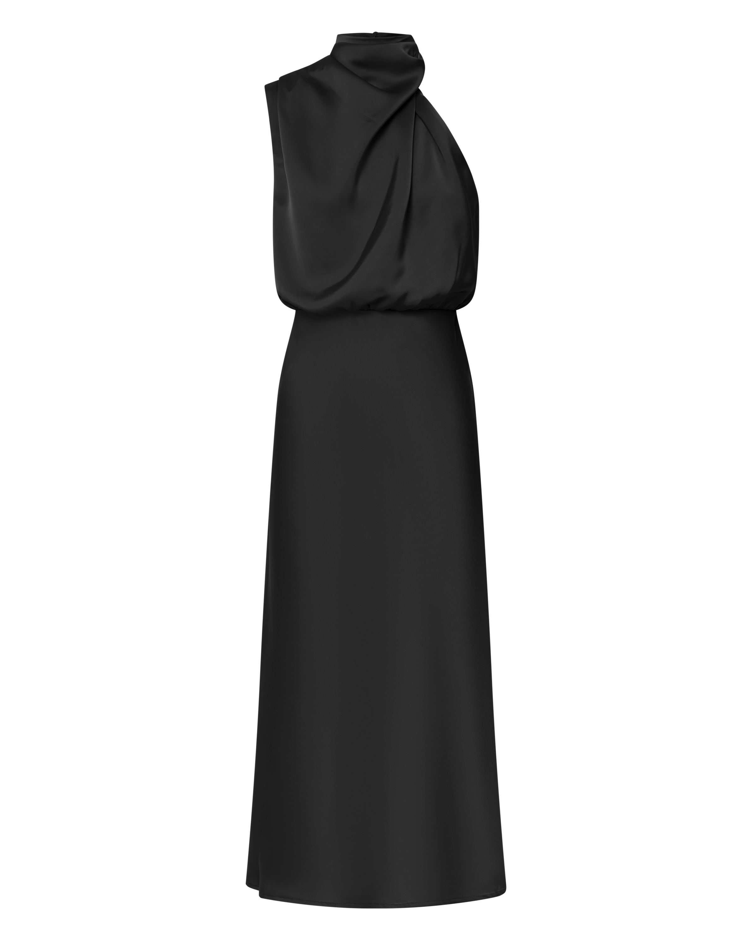 Minnie Midi Dress - Drape Neck Satin Slip Dress in Black