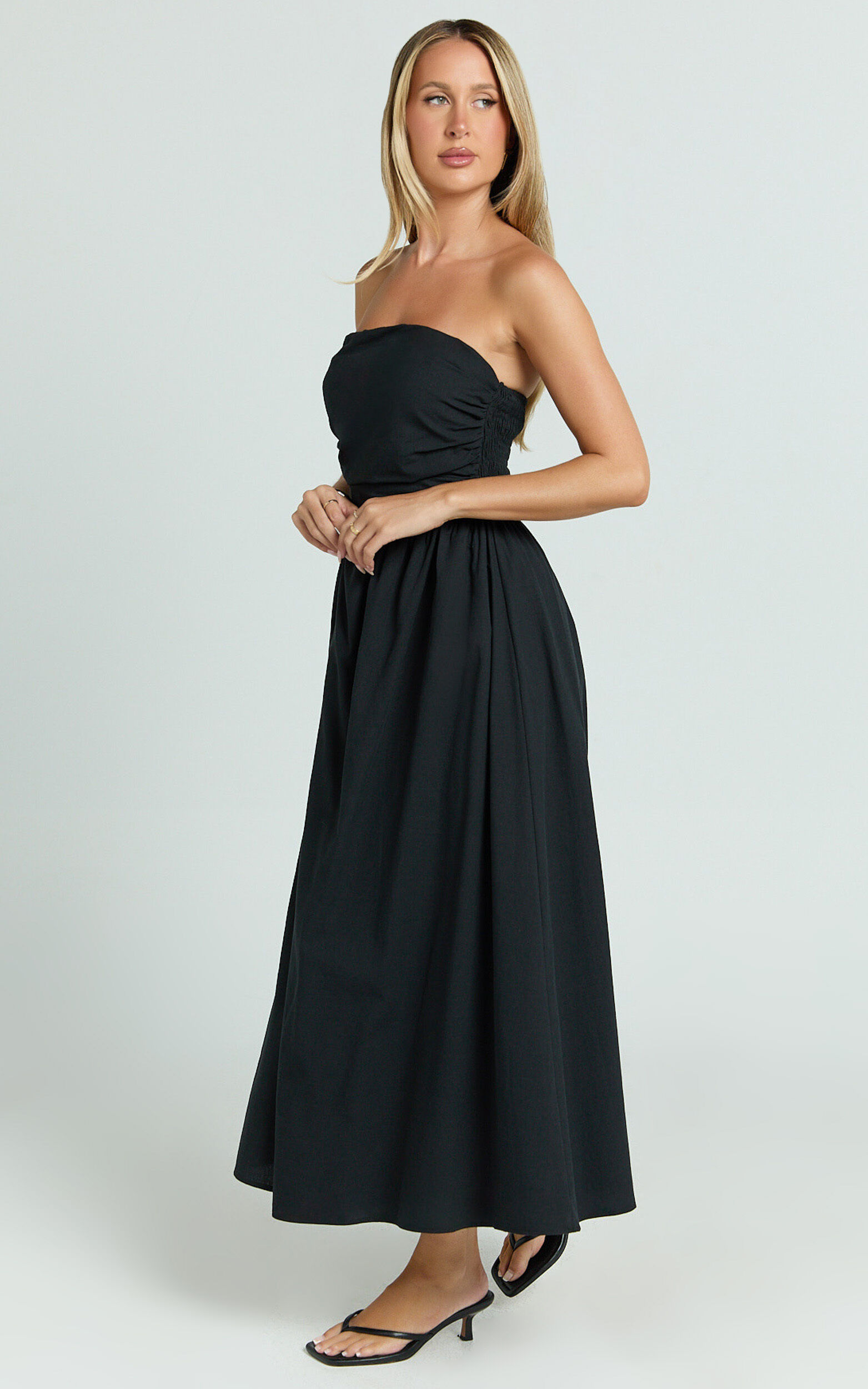 Polly Midi Dress - Strapless Ruched Dress in Black