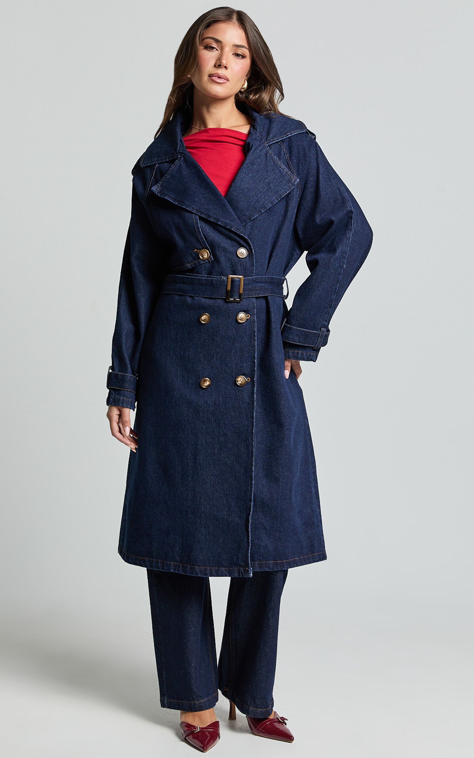 Vinnie Trench Coat - Denim Washed Trench Coat in Dark Blue Wash