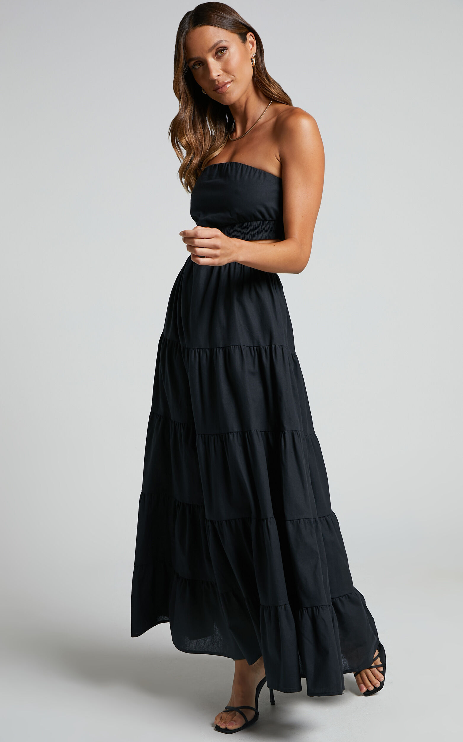Xiomara Maxi Dress - Strapless Cut Out Tiered Dress in Black