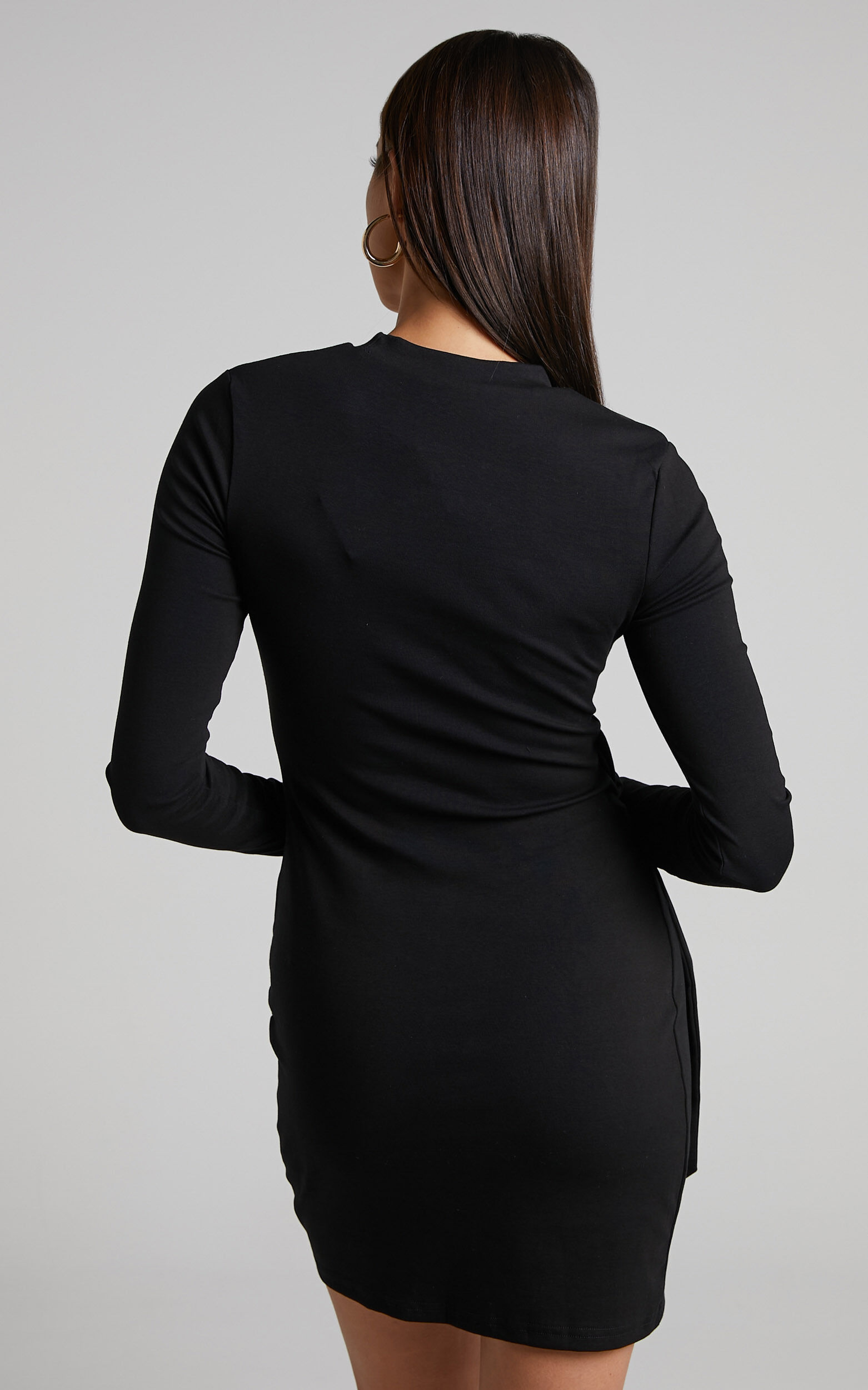 Marleen Mini Dress - Wrap Front Long Sleeve Bodycon Dress in Black