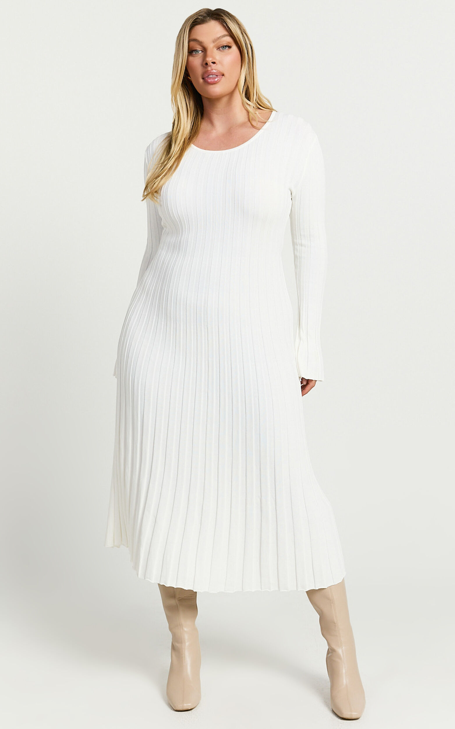 Blaire Midi Dress - Long Sleeve Tie Back Flare Dress in Ivory