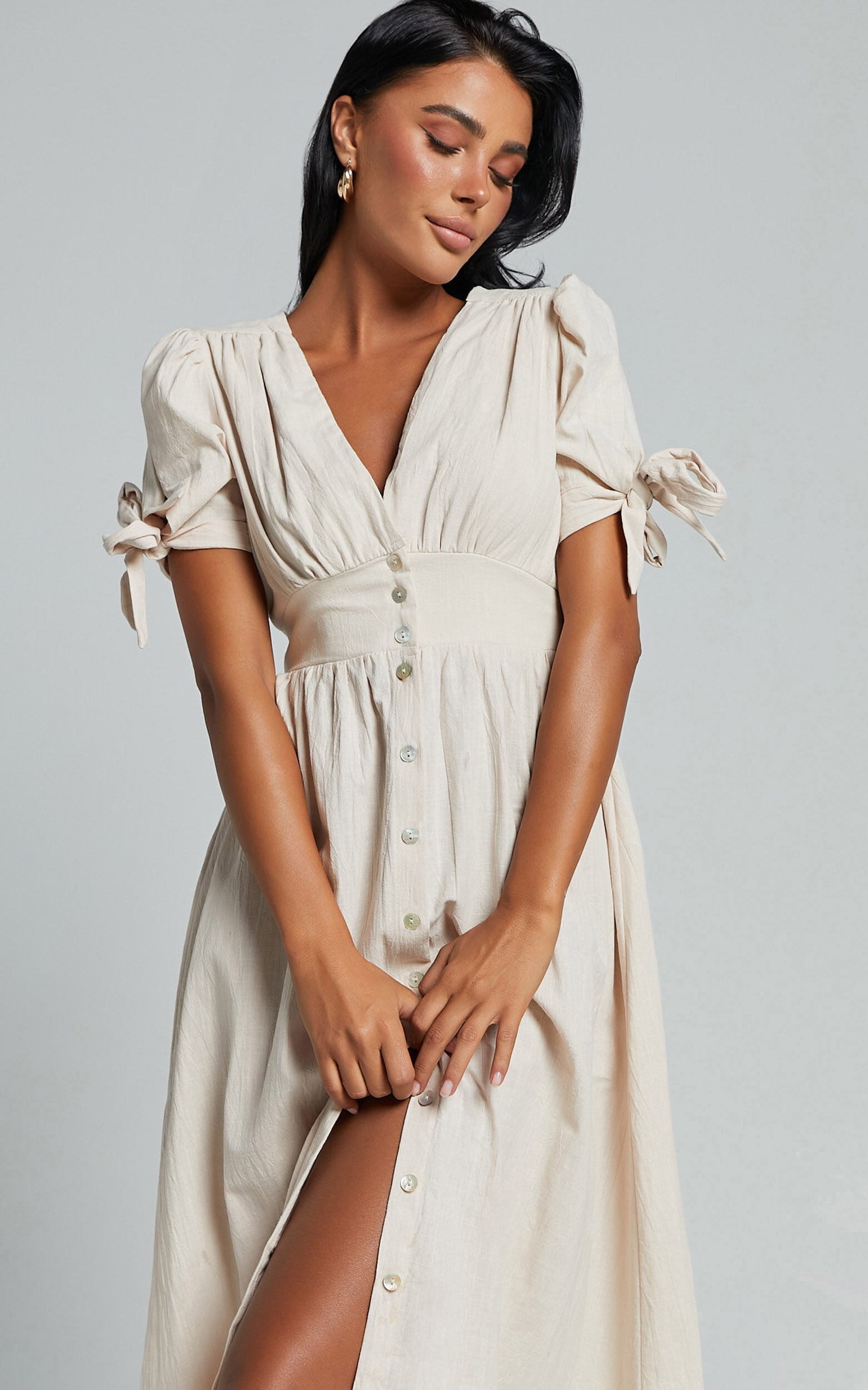 Avegail Midi Dress - V Neck Button Through Short Sleeve Dress in Bone
