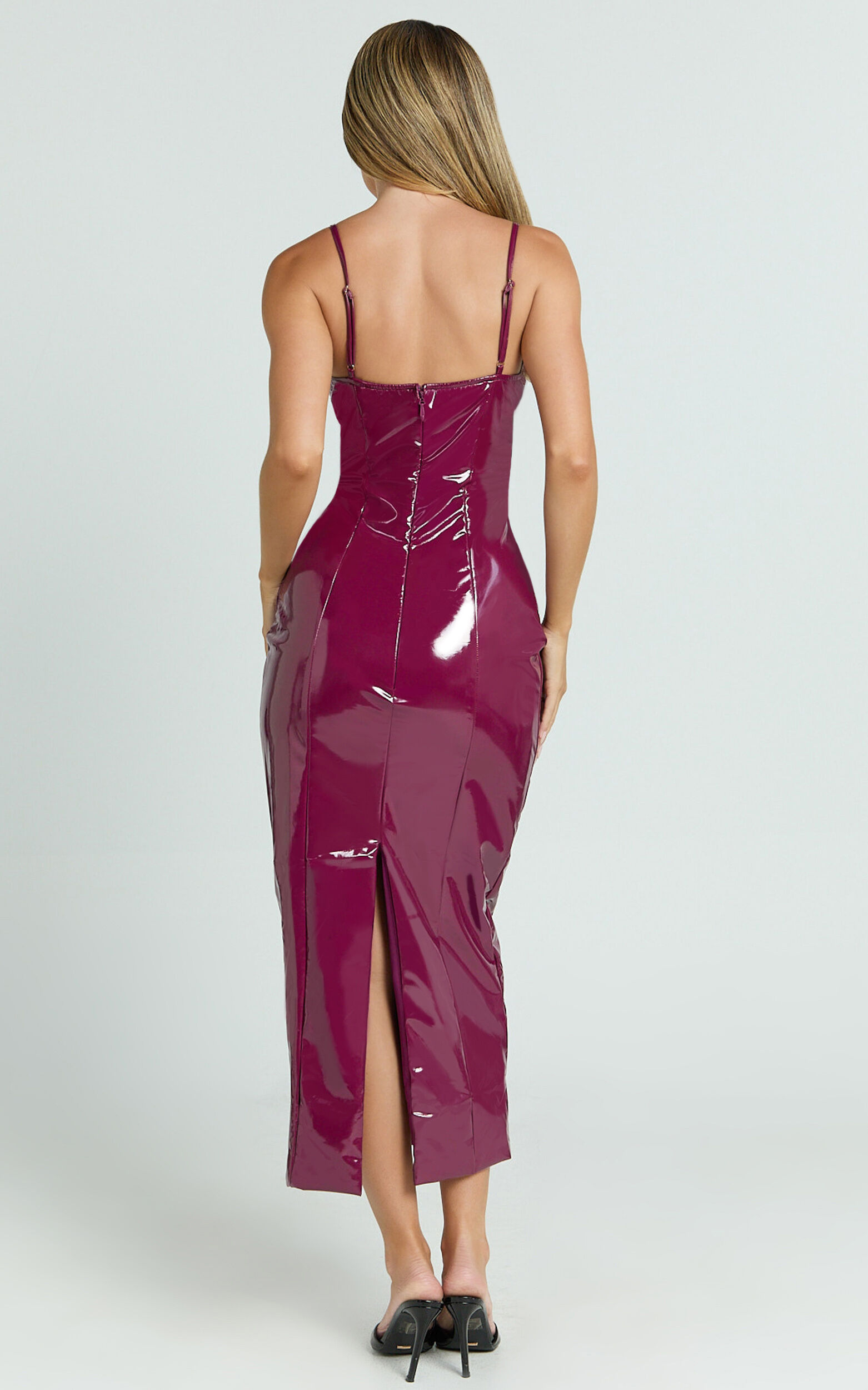 Callie Midi Dress - PU Sweetheart Neck Back Split Bodycon Dress in Dark Cherry