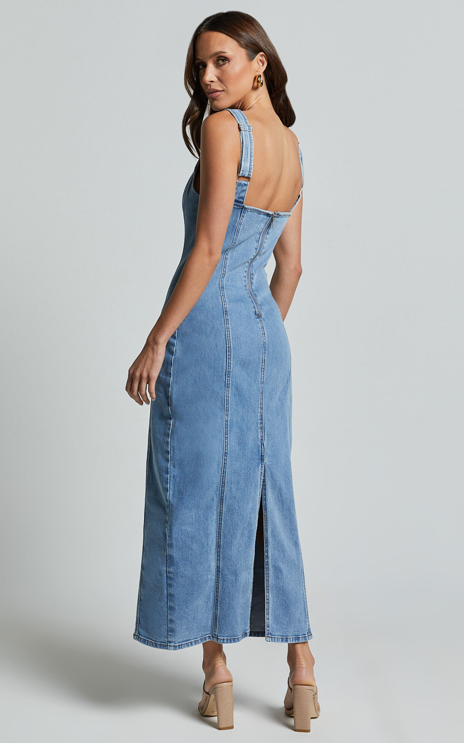 Zenith Midi Dress - Wide Strap Panel Detail Recycled Denim Dress in Mid Blue Wash