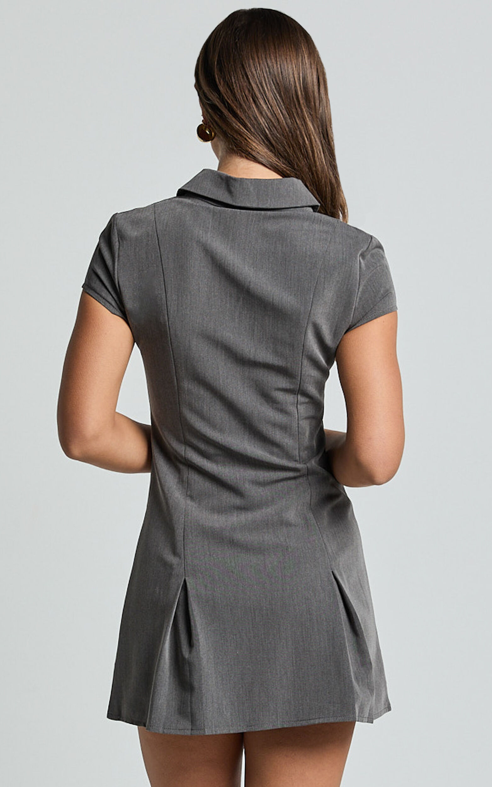 Alvana Mini Dress - Collared Pleated Dress in Grey