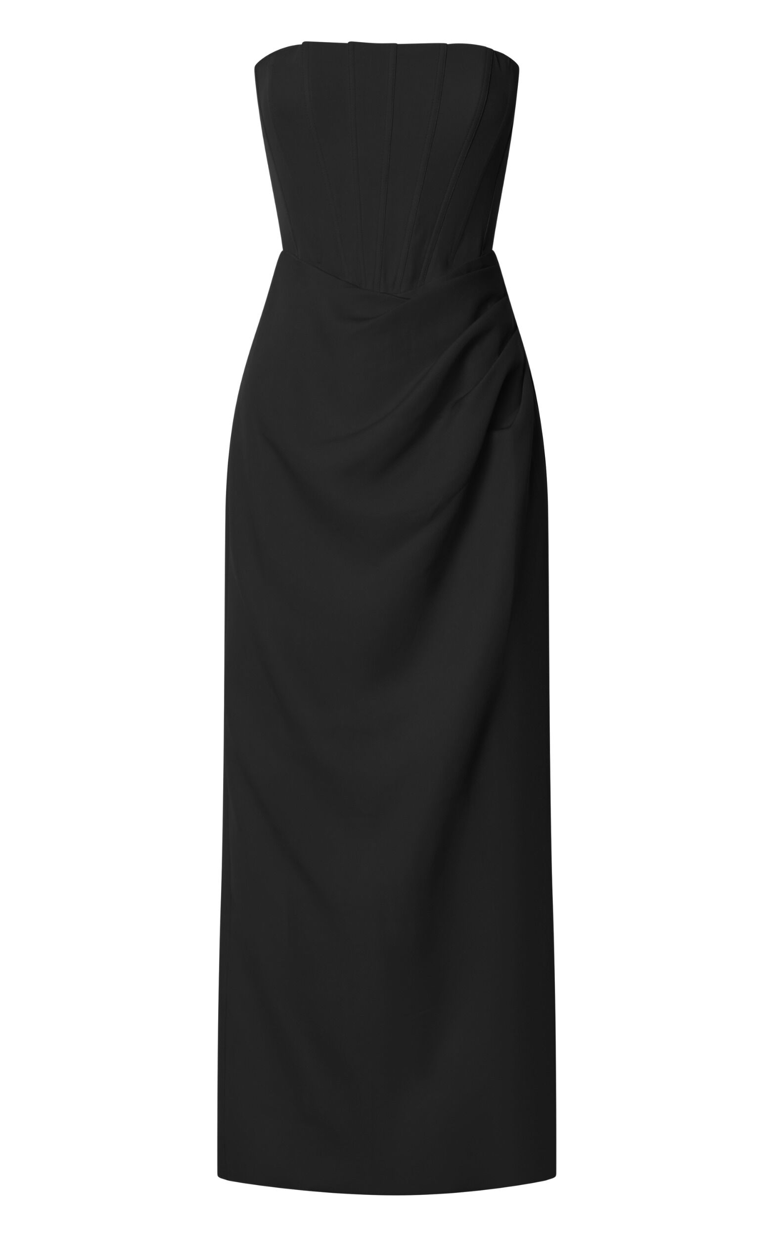 Avery Midi Dress - Strapless Draped Side Split Dress in Black