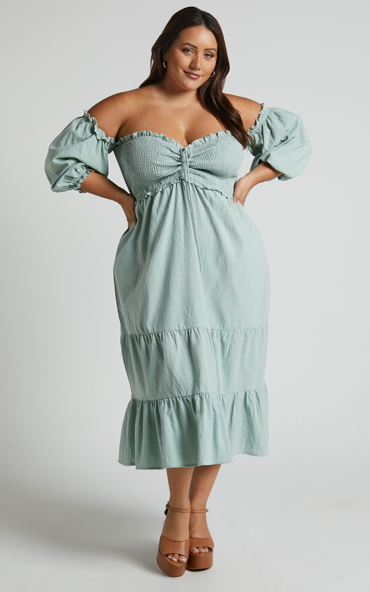 Nikka Midi Linen Dress - Shirred Off Shoulder Puff Sleeve Dress in Sage