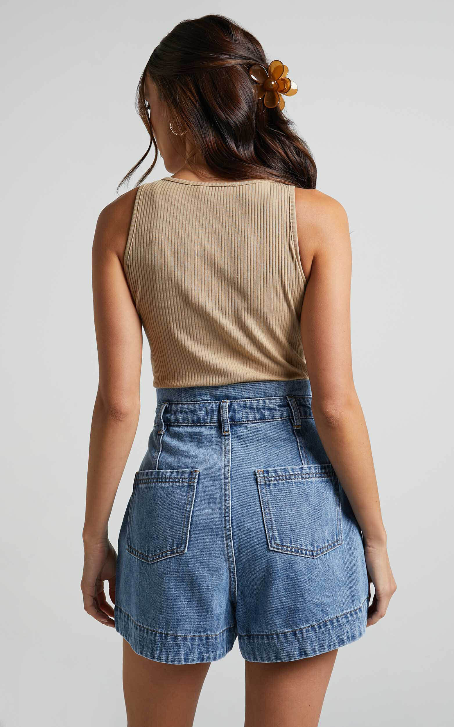 Kayla Shorts - High Waisted A Line Denim Shorts in Mid Blue Wash