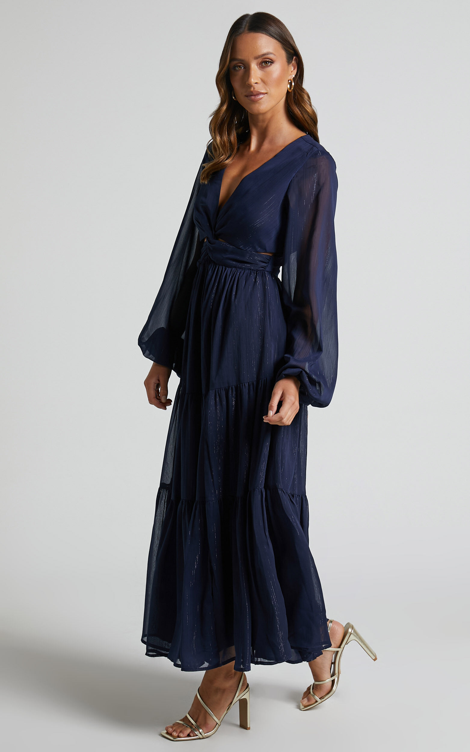 Edelyn Midi Dress - Cut Out Balloon Sleeve Tiered Dress in Navy