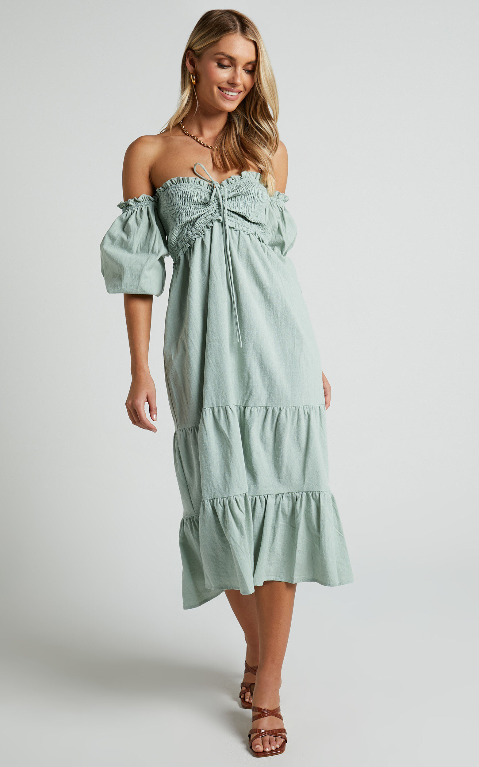Nikka Midi Linen Dress - Shirred Off Shoulder Puff Sleeve Dress in Sage