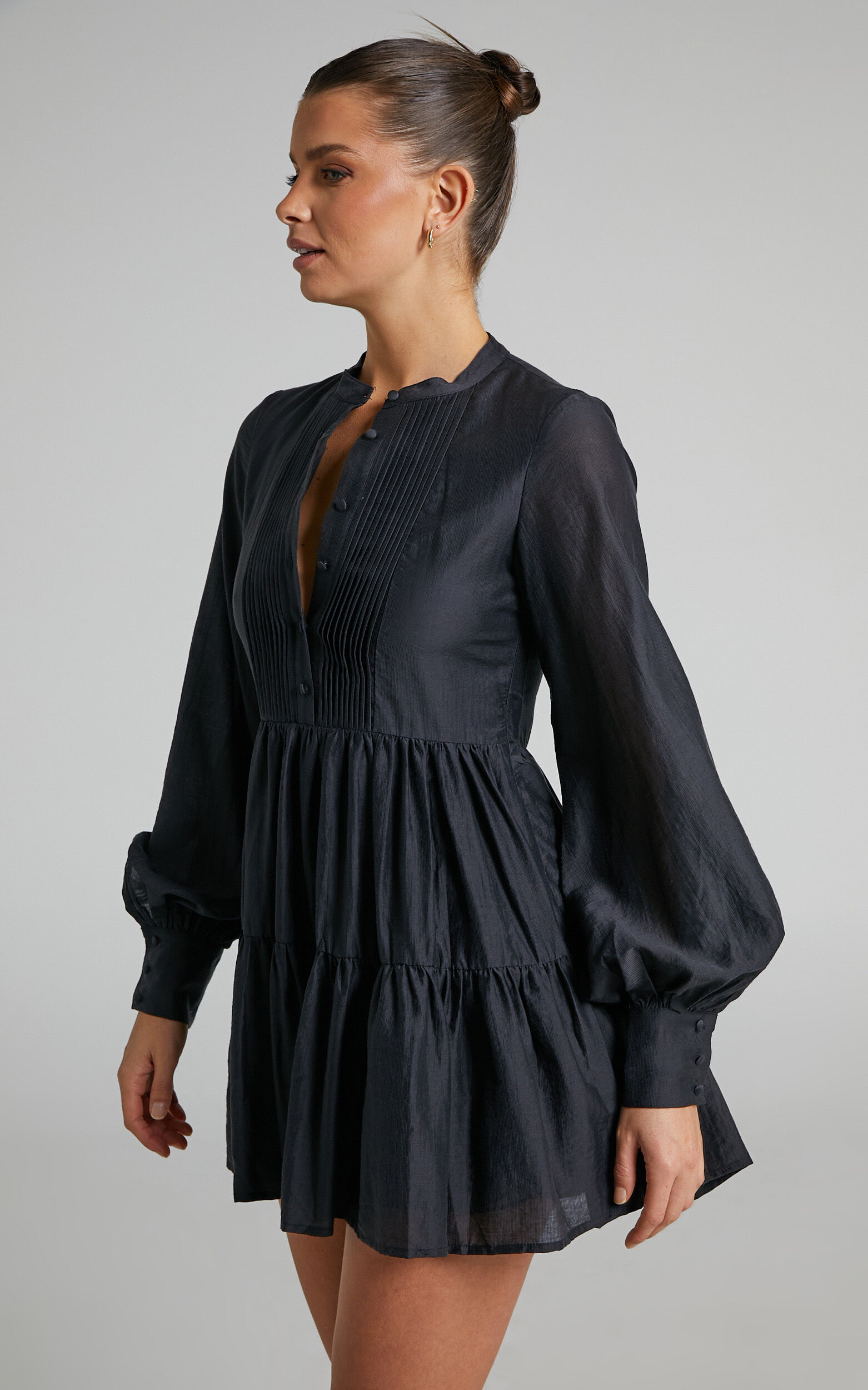 Kyra Mini Dress - Pin Tuck Detail Tiered Shirt Dress in Black