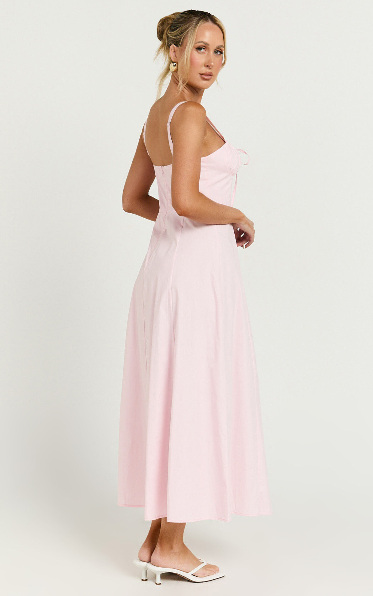 Maiya Midi Dress - Tie Front Fitted Bodice Dress in Soft Pink