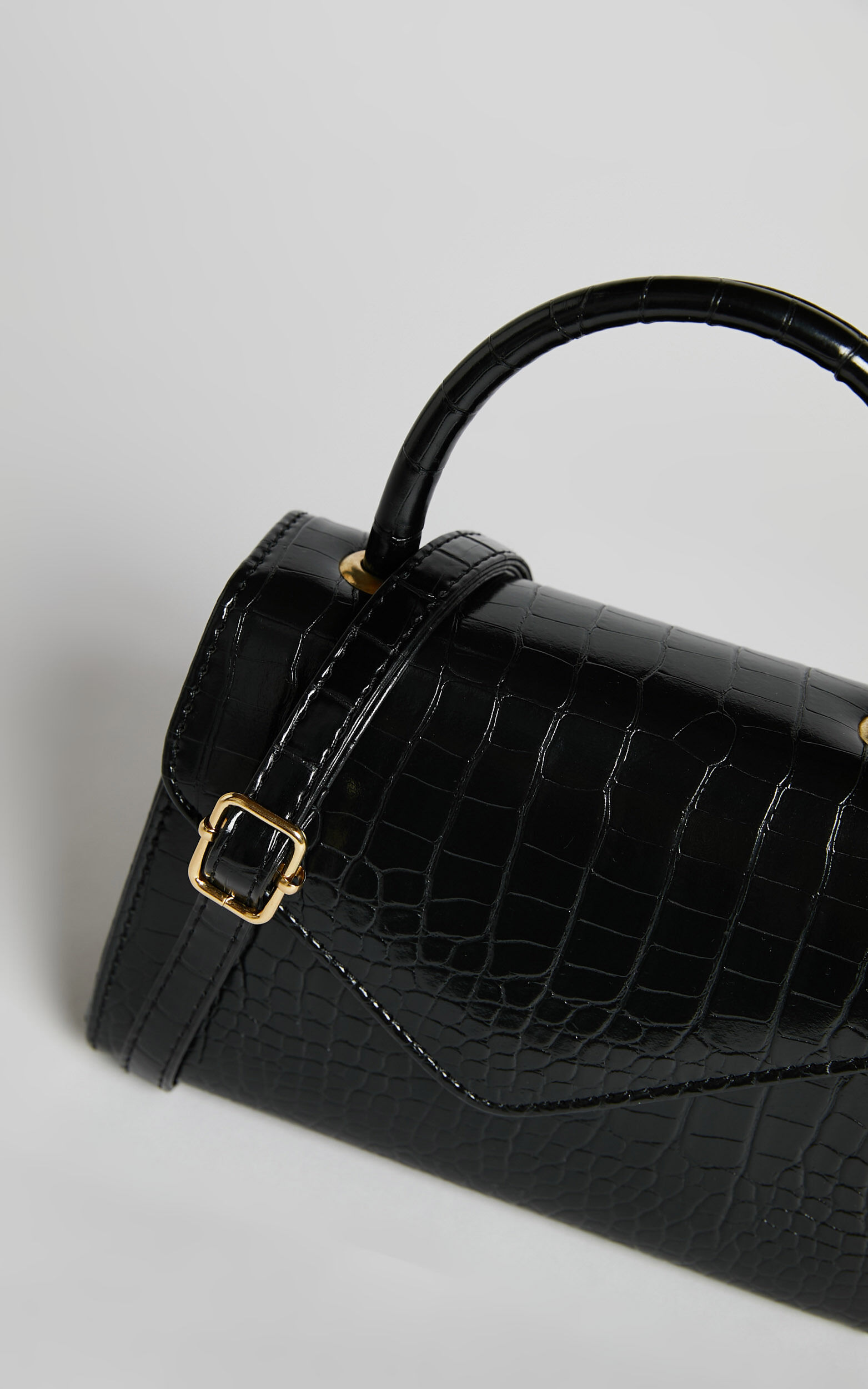 Marilou Bag - Croc Embossed Top Handle Bag in Black