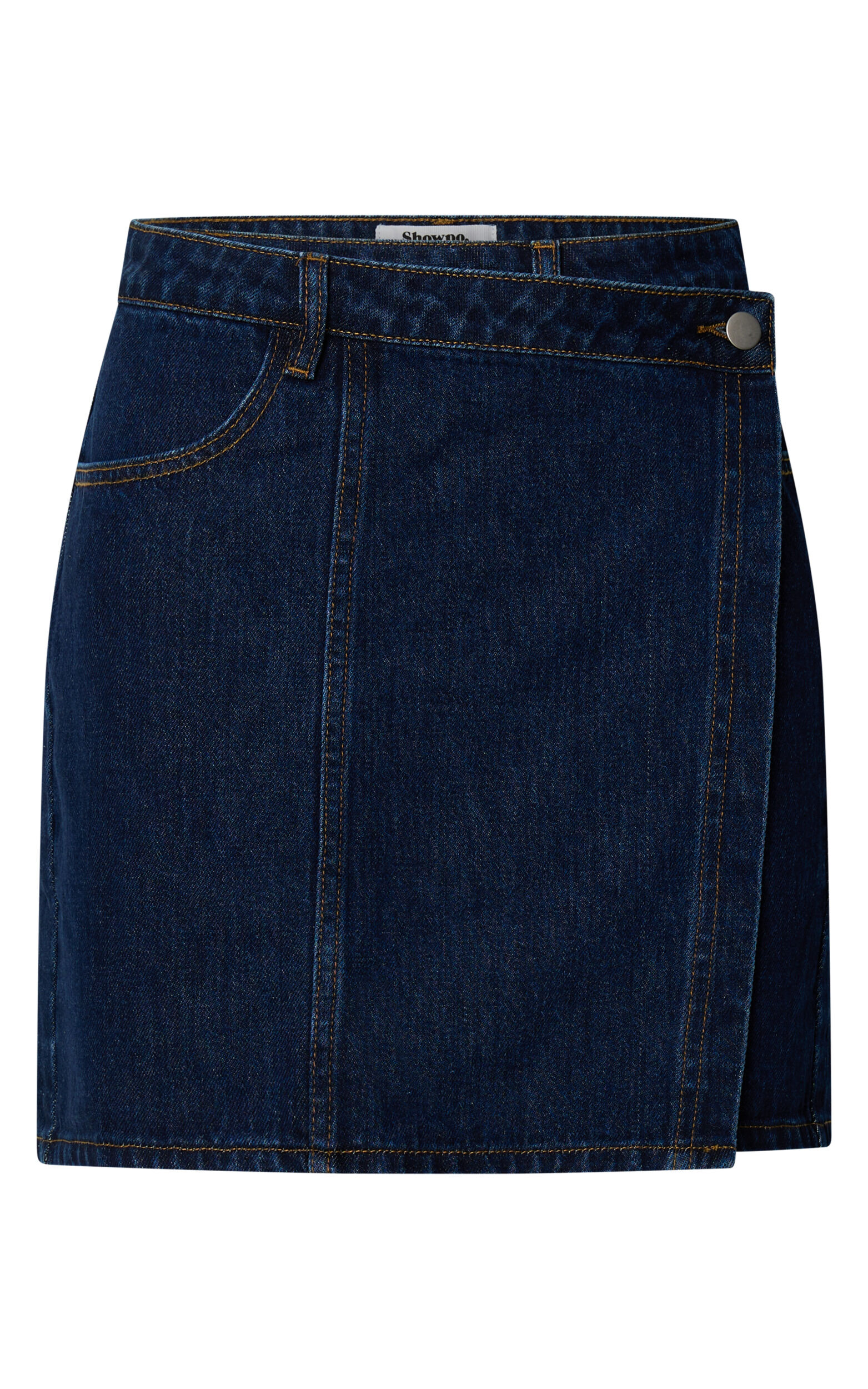 Katherine Mini Skirt - Cross Front Recycled Denim Skirt in Dark Blue Wash