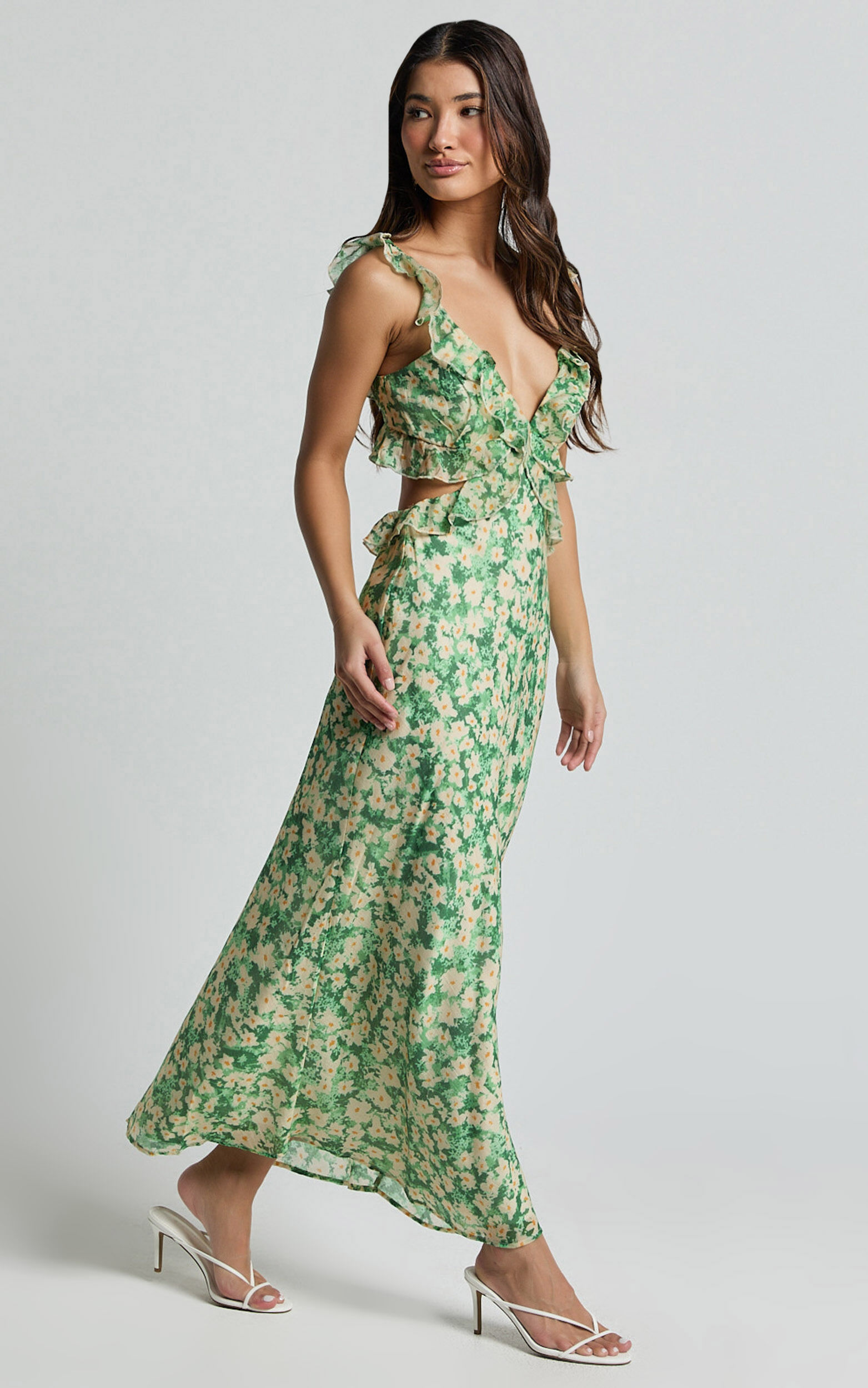 Dahlia Midi Dress - Ruffle Details Slip Dress in Green Floral