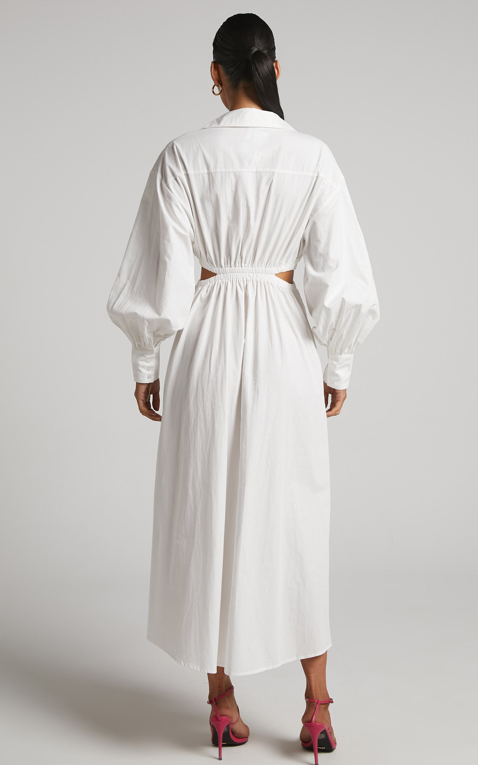 Merabelle Midi Dress - Side Cut Out Collared Long Sleeve Shirt Dress in White