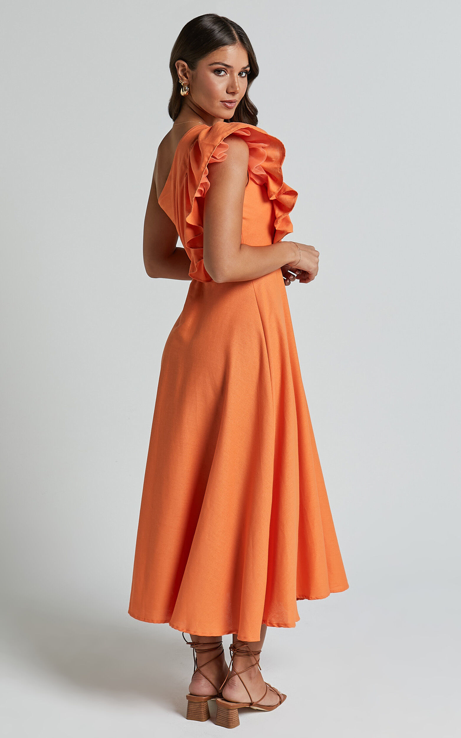 Dixie Midi Dress - Linen Look One Shoulder Ruffle Dress in Orange