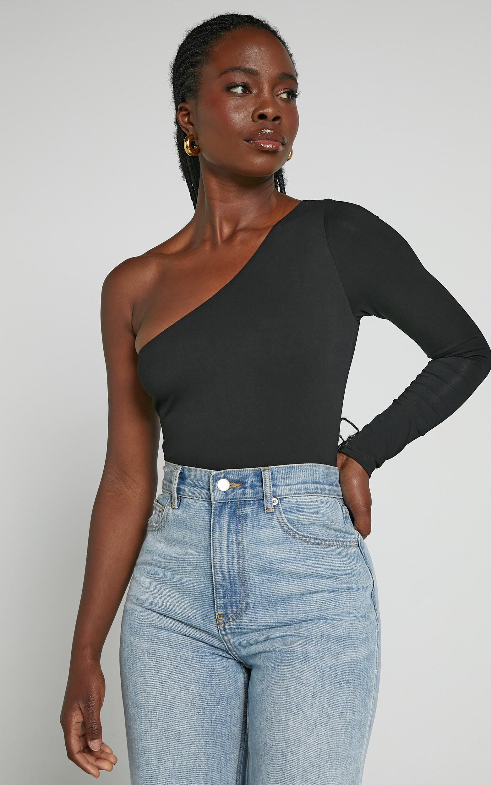 Khanley Bodysuit - One Shoulder Long Sleeve Bodysuit in Black