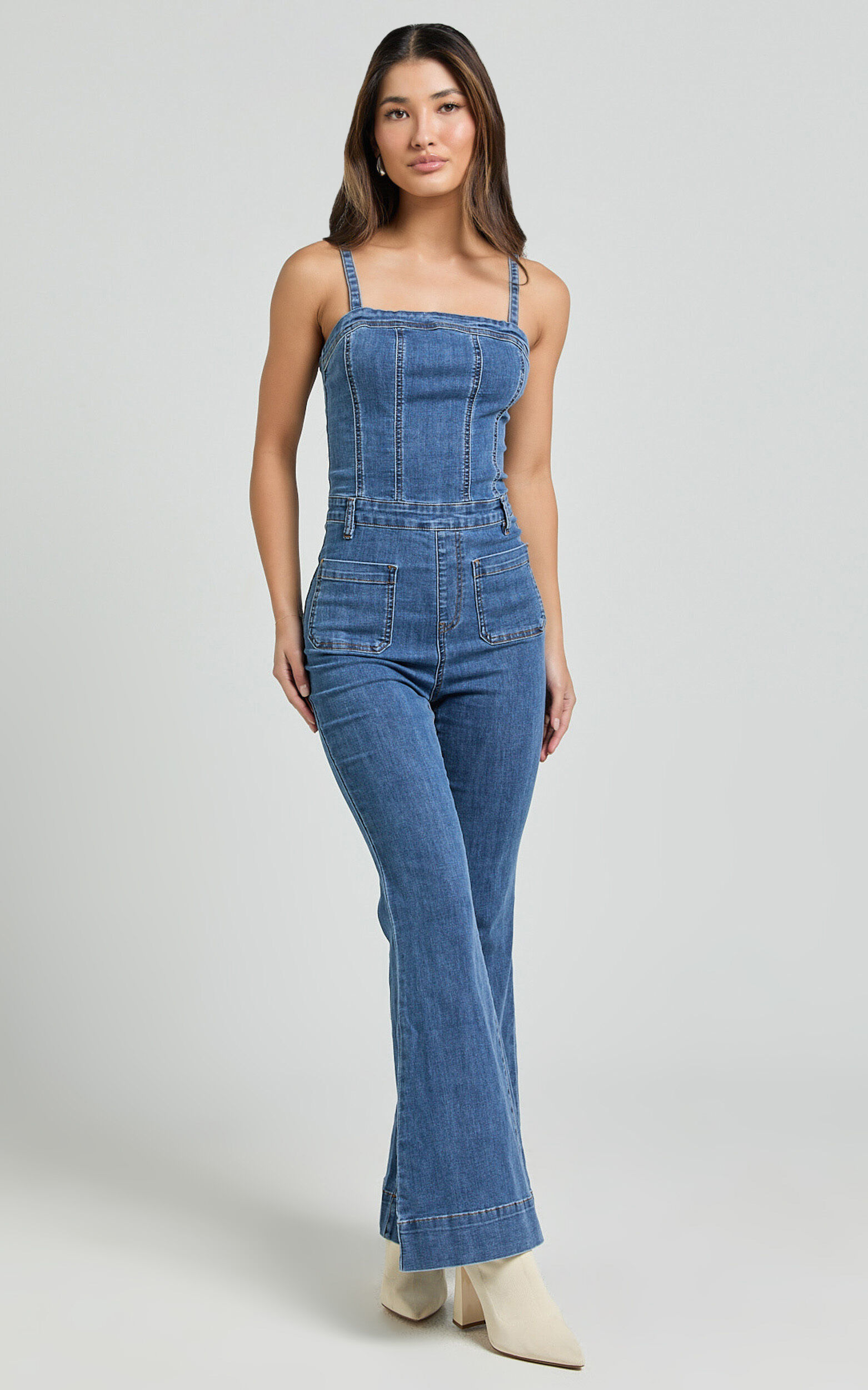Joey Jumpsuit - Panelled Cami Flared Bottom Denim Jumpsuit in Dark Blue Wash