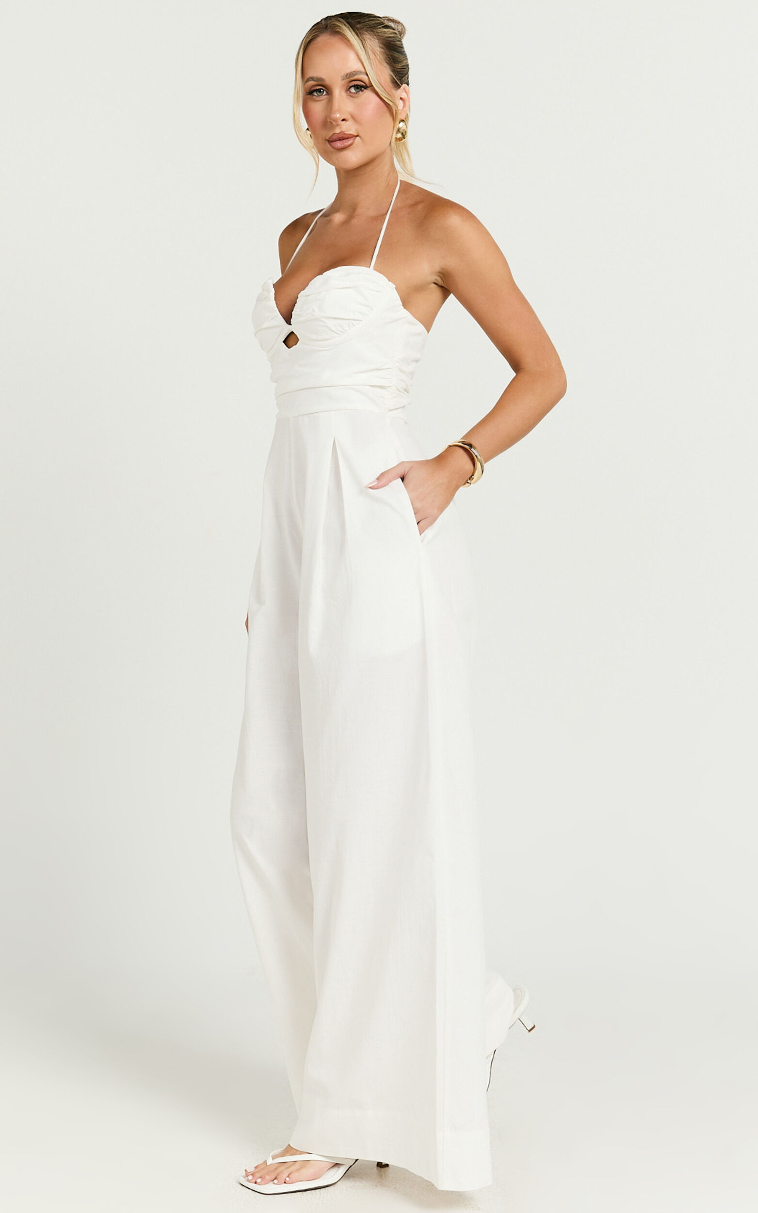 Norah Jumpsuit - Linen Halter Neck Wide Leg Jumpsuit in White