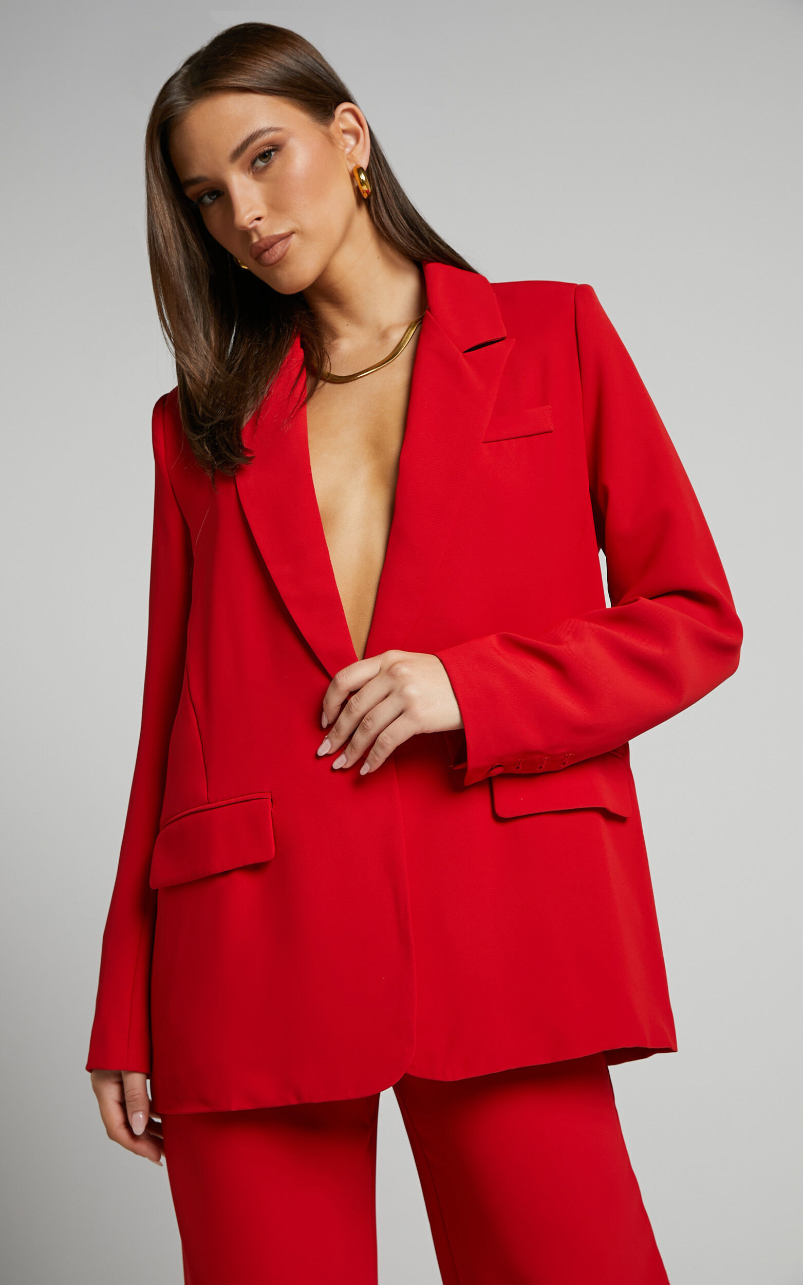 Michelle Blazer - Oversized Plunge Neck Button Up Blazer in Red