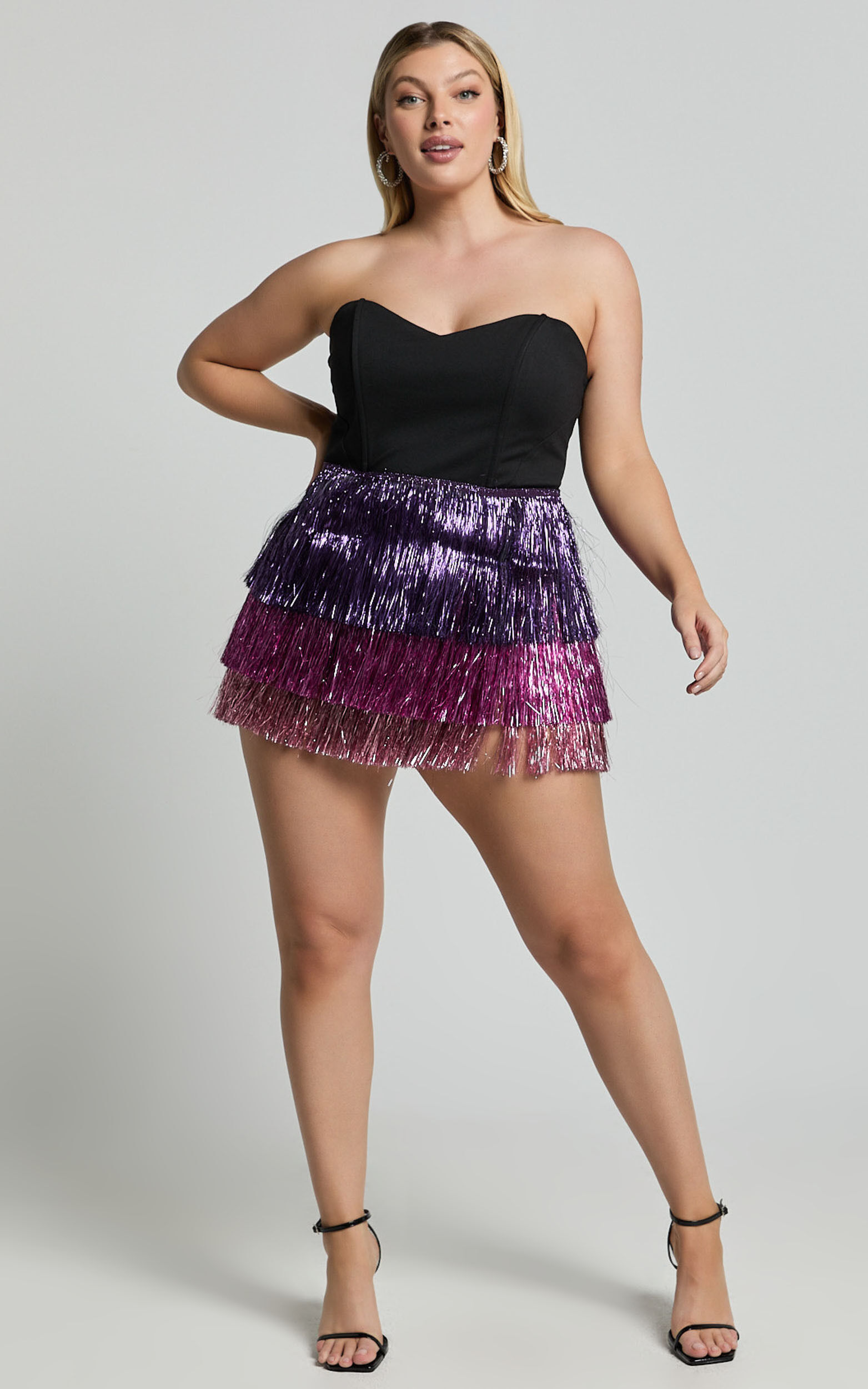 Flossie Mini Dress - Sweetheart Fringe Layered Dress in Black