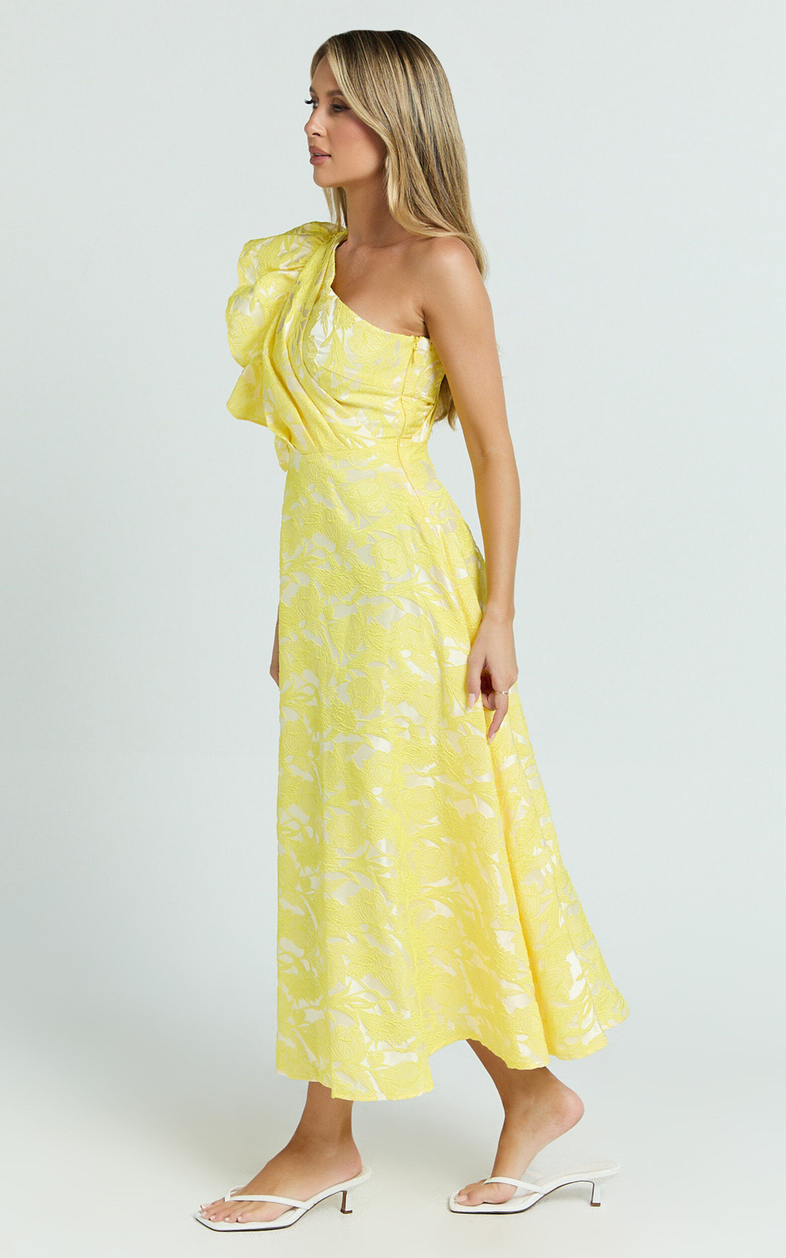 Alfreda Midi Dress - One Shoulder Ruffle Detail Brailey Jacquard Dress in Yellow Jacquard