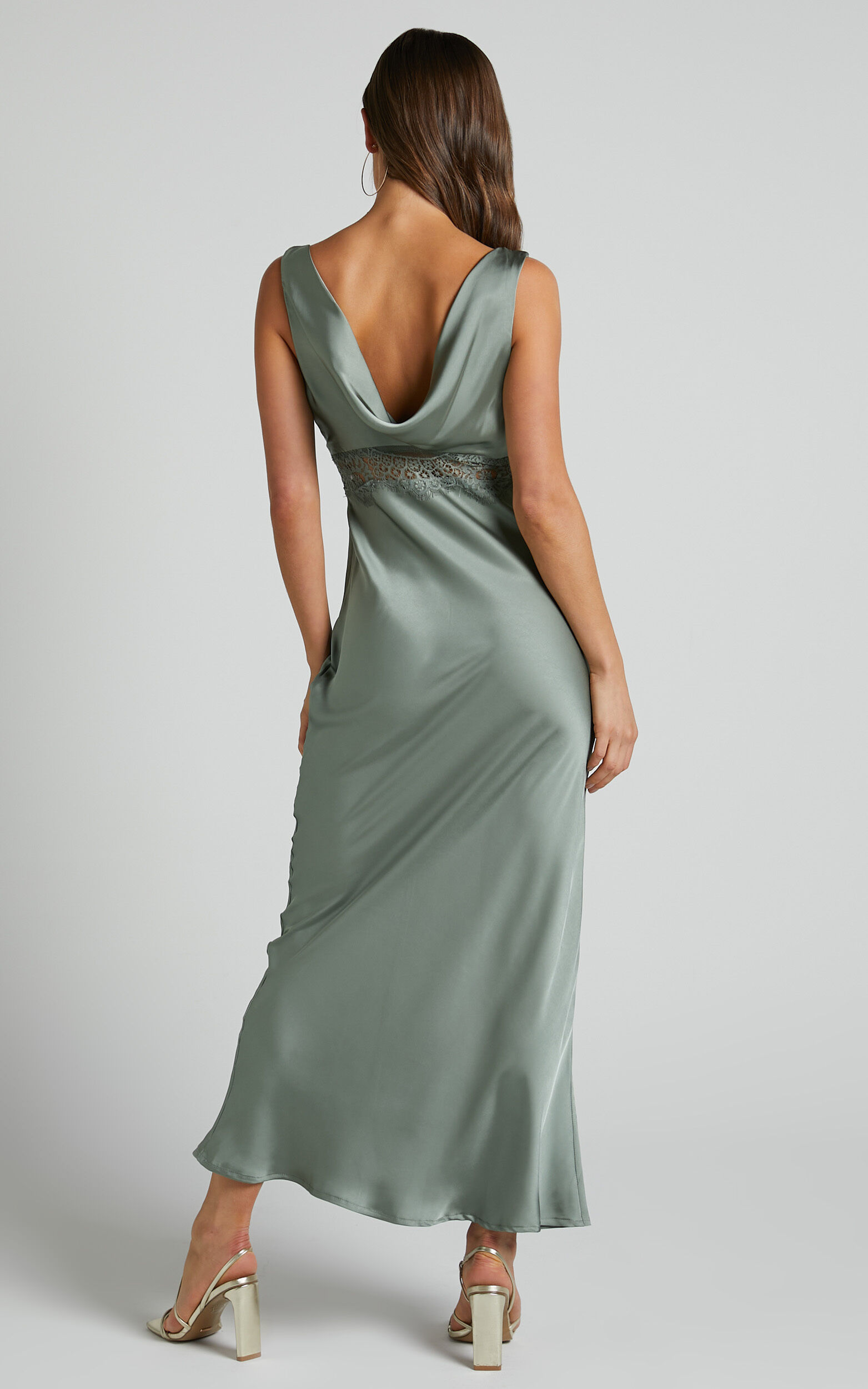 Juliet Midi Dress - V Neck Lace Insert Satin Slip Dress in Olive