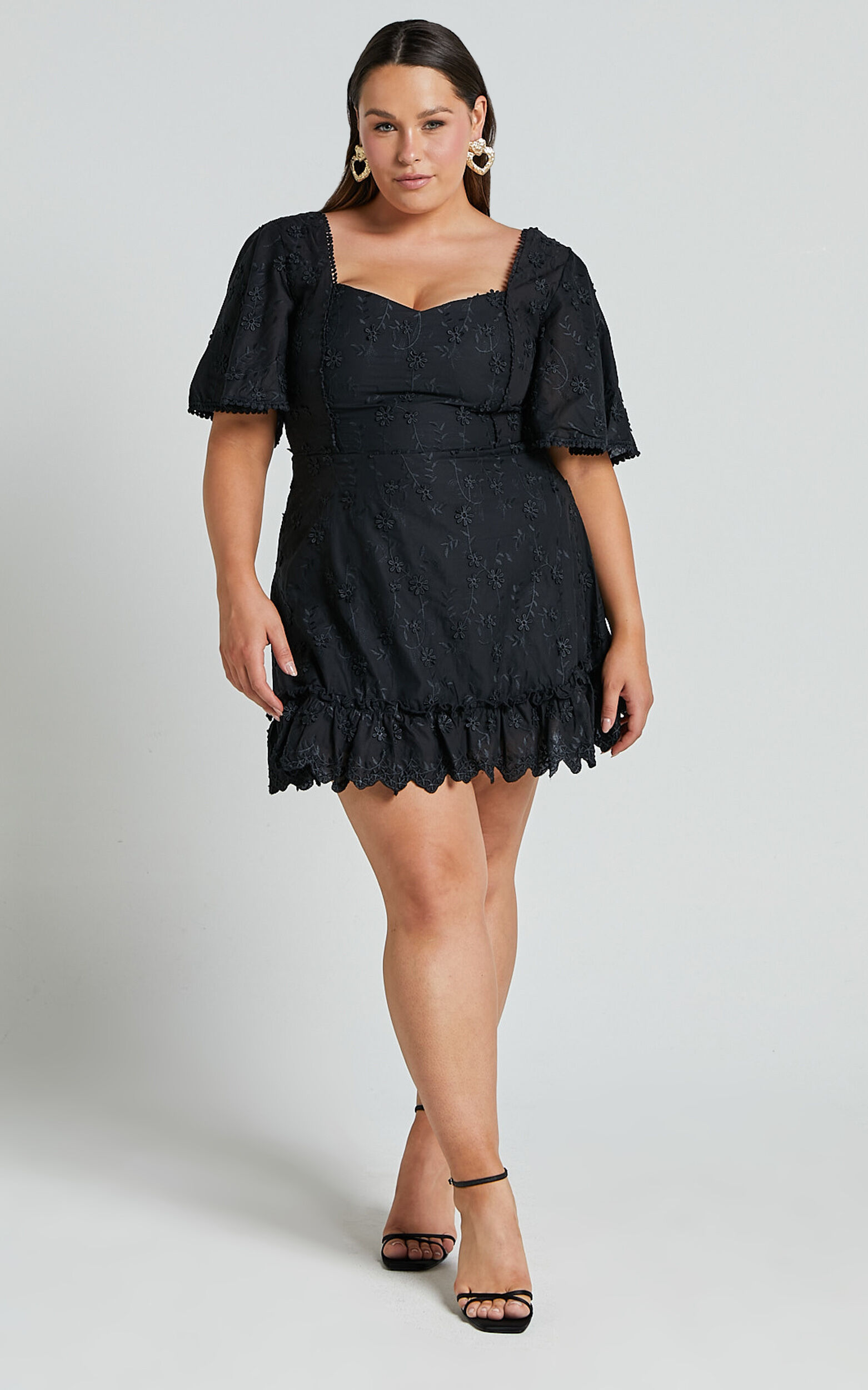 Fancy A Spritz Mini Dress - Square Neck Dress in Black Embroidery